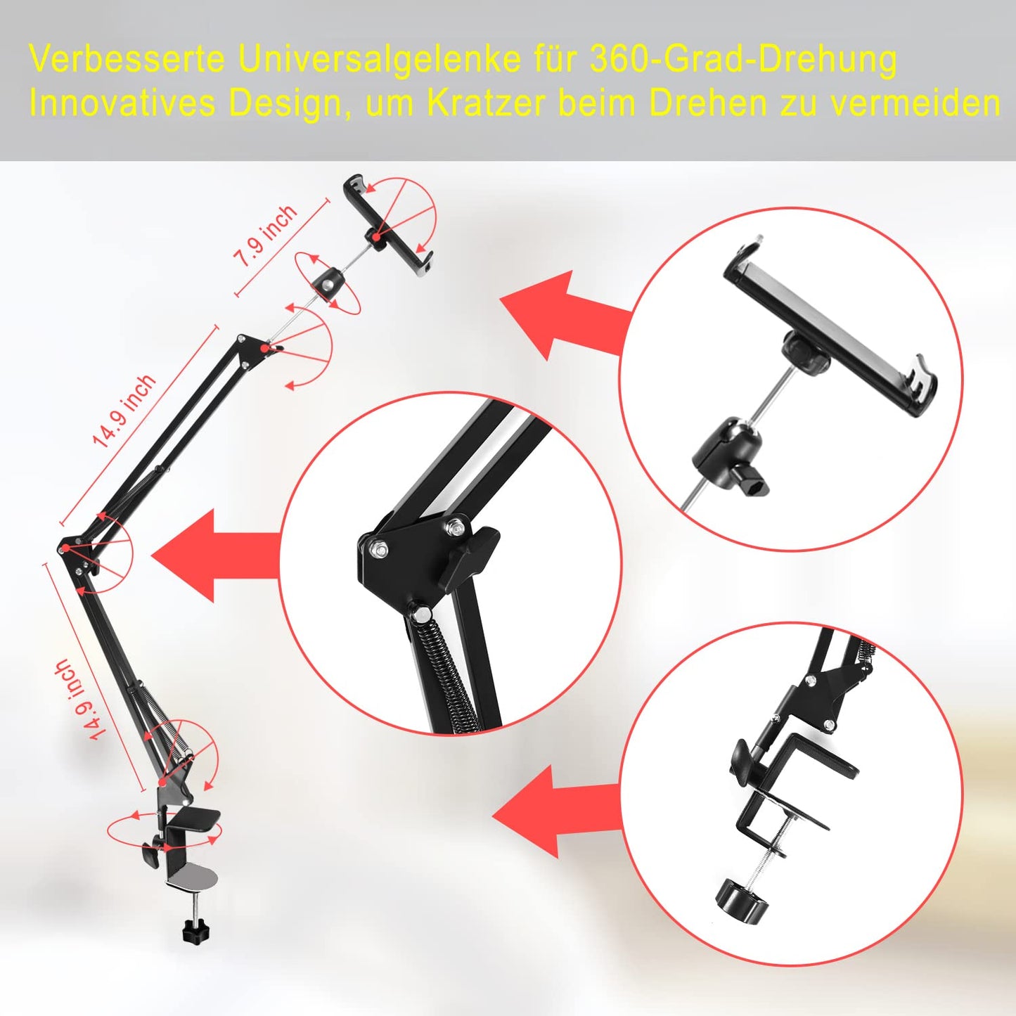 Tablet stand for bed holder - stand holder 360 degree rotatable with stable aluminum arm for iPad, tablets, phones or other devices with 4.5 to 12.9 inch screen.