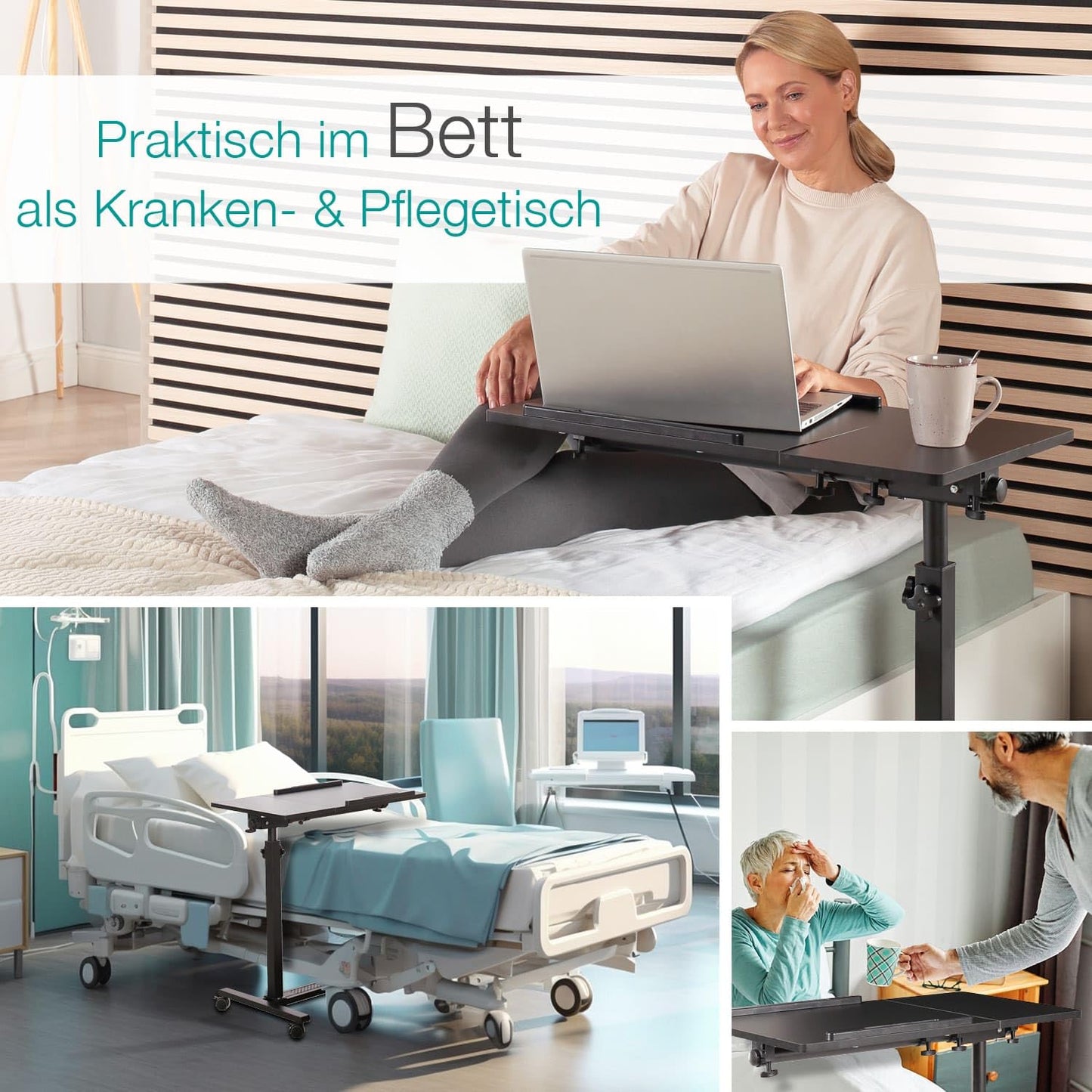 ELONEO maxVitalis mobile overbed table on wheels, standing table with adjustable height/width, tiltable/foldable tabletop, bedside table for hospital bed, nursing bed, laptop table (Black)