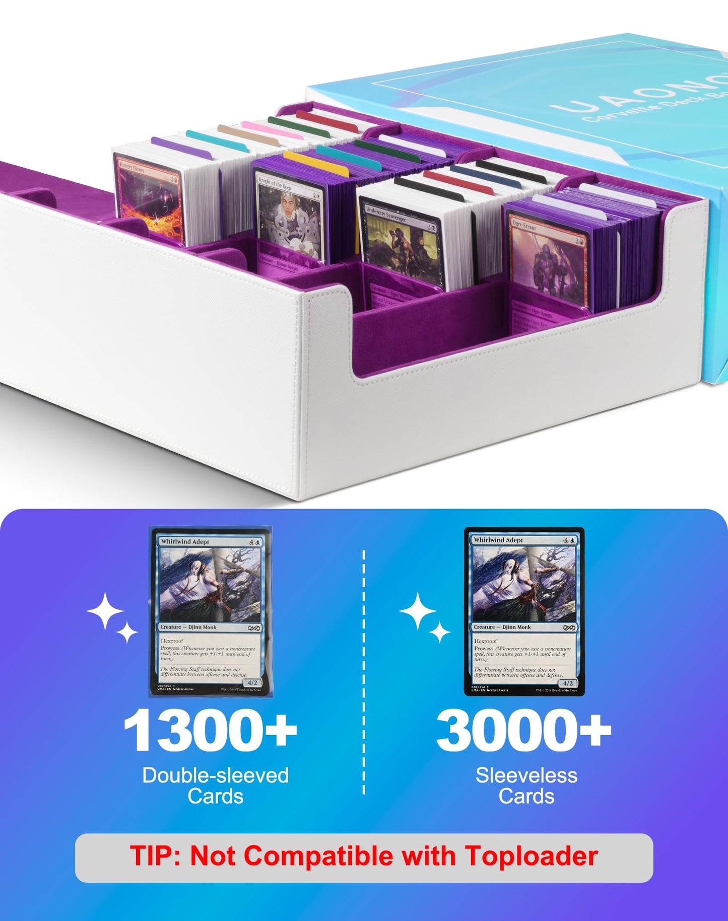 UAONO Card Storage Box for Trading Cards, 2400+ MTG Commander Deck Box with 24pcs colorful dividers, Card Case suitable for Magic TCG PTCG game cards (white & purple)