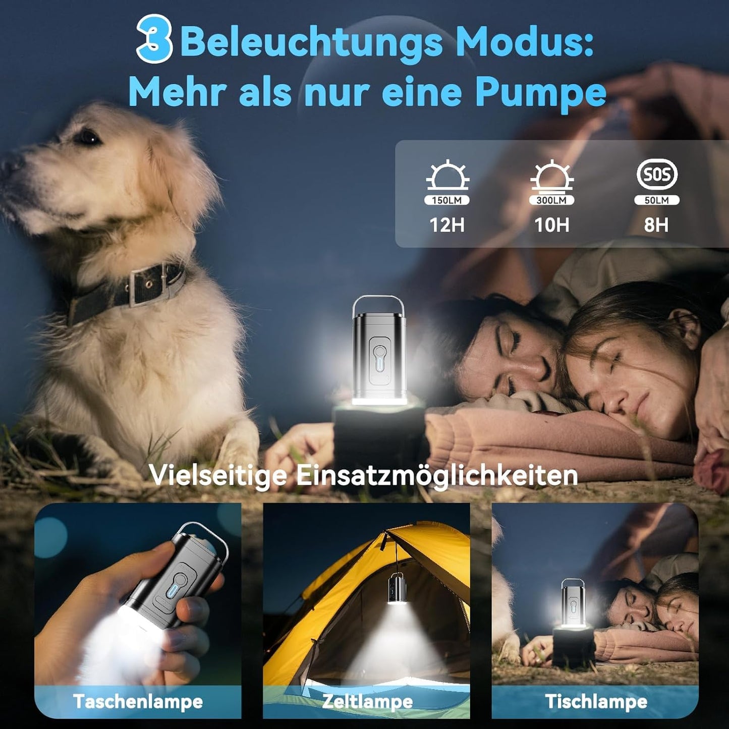 Portable pump, 5 multi-function nozzles for quick manual inflation of air mattresses, swim rings, pools, and inflatable toys - ideal for camping & outdoor use.