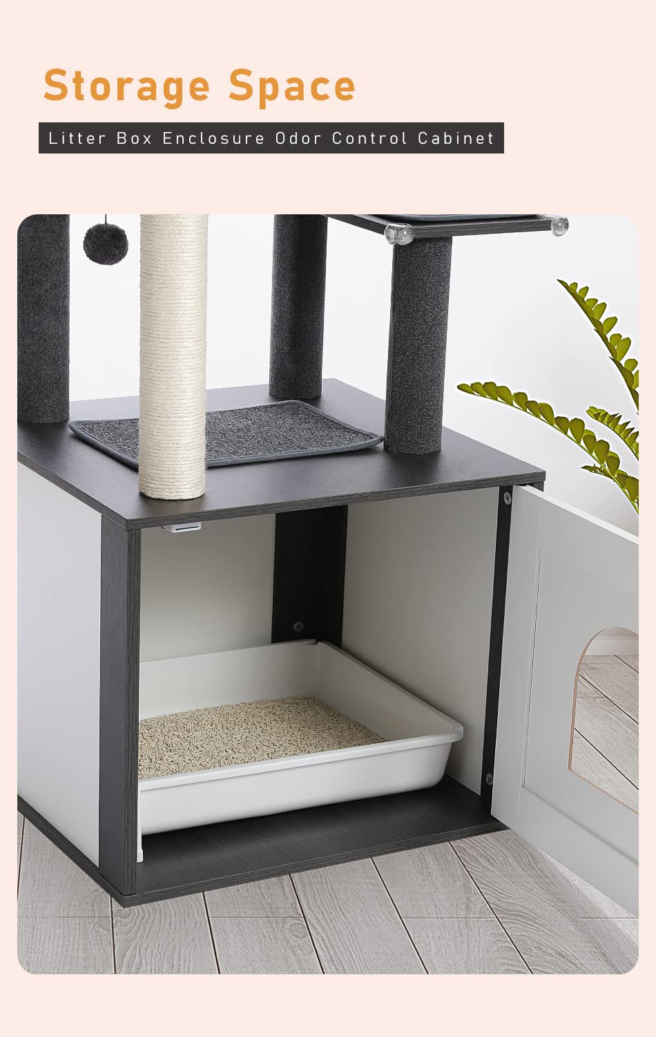 PAWZ Road Modern Cat Tree Wood Cat Tower with Storage Cabinet Cat Litter Enclosure and spacious Cat House Large top perch and hammock Black