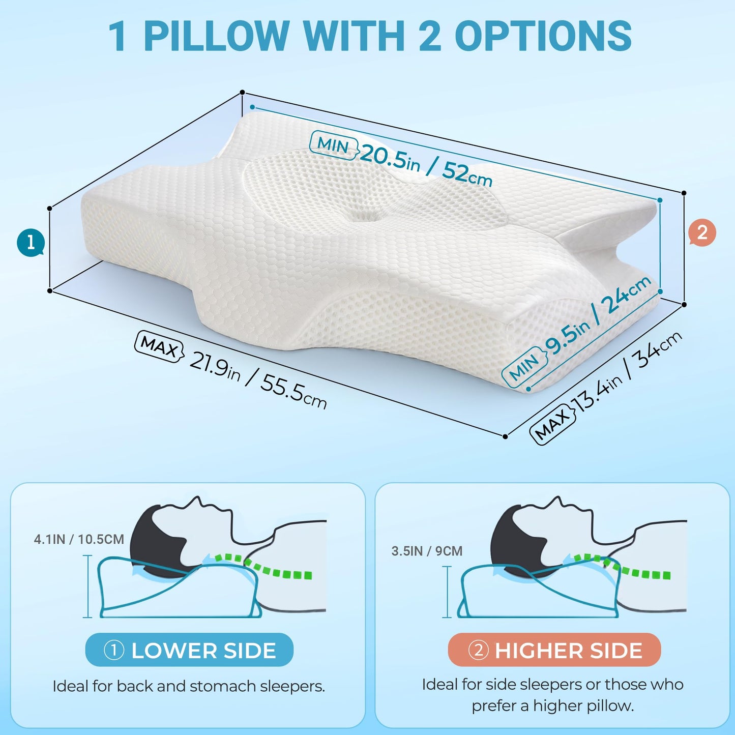 Elviros Orthopedic Memory Foam Pillow, Side Sleeper Pillow Neck Support Pillow, Pillow Neck Pain, Ergonomic Sleep Pillow for Neck and Shoulder Pain, 54x11/9x33cm, Gray