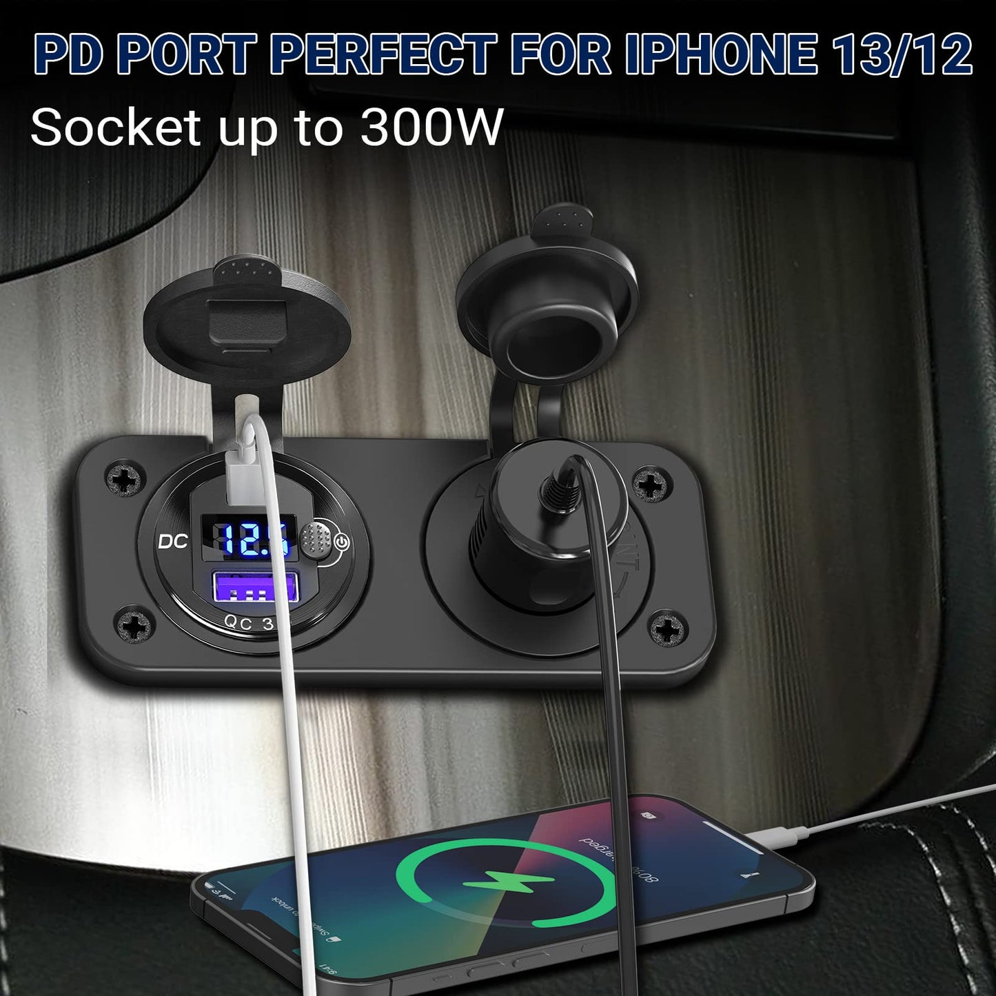 Cigarette Lighter Socket 12V USB Flush Mount Socket: Qidoe Aluminum Alloy 20W PD3.0 Car USB Outlet Waterproof Voltage Monitor 12V Socket 300W 24V Socket QC3.0 for Car Boat RVs