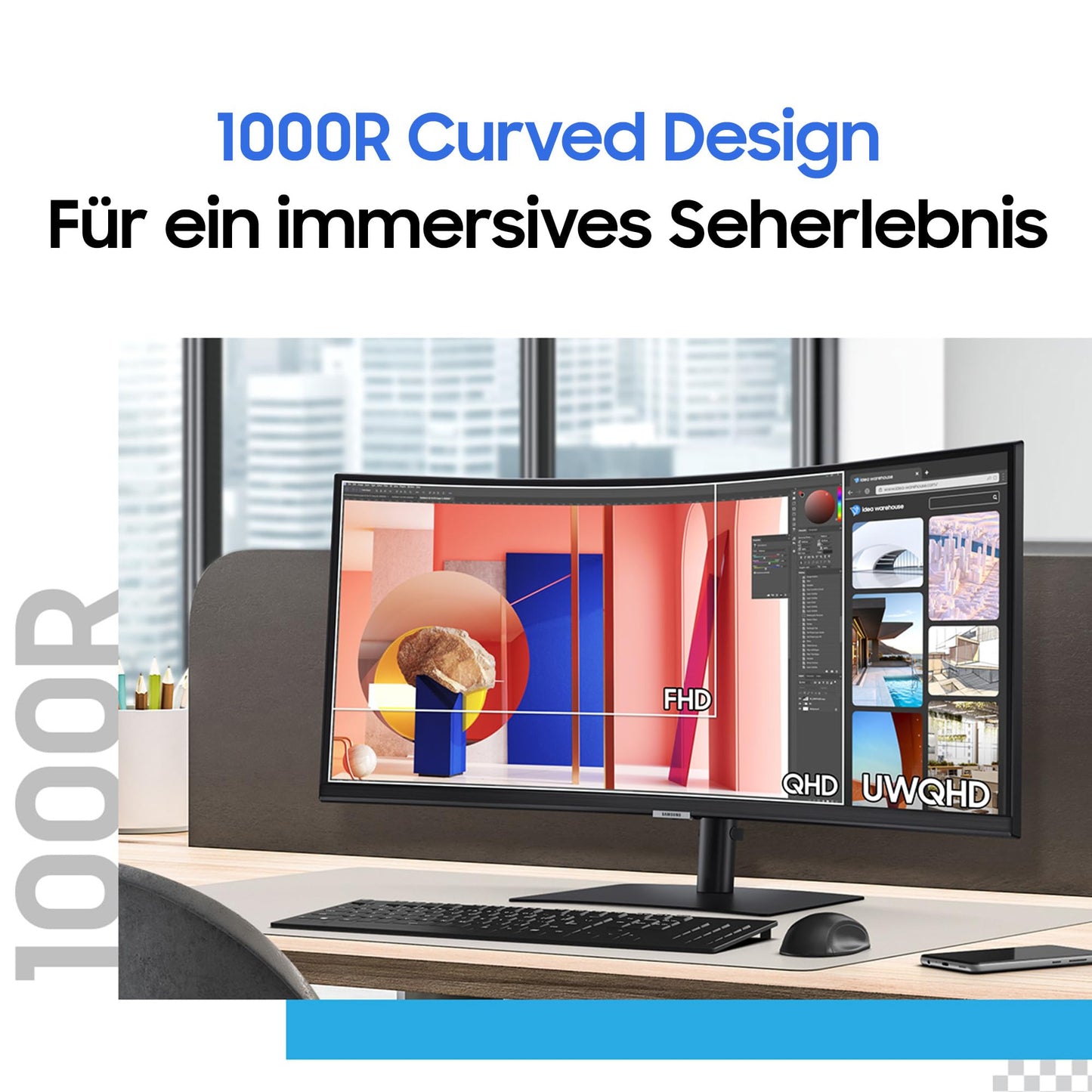 Samsung ViewFinity S65VC Curved Monitor 34-inch with speakers and webcam, VA panel, 3440 x 1440 resolution, 100Hz refresh rate, 5ms response time, 90W charging via USB-C, pivot feature.