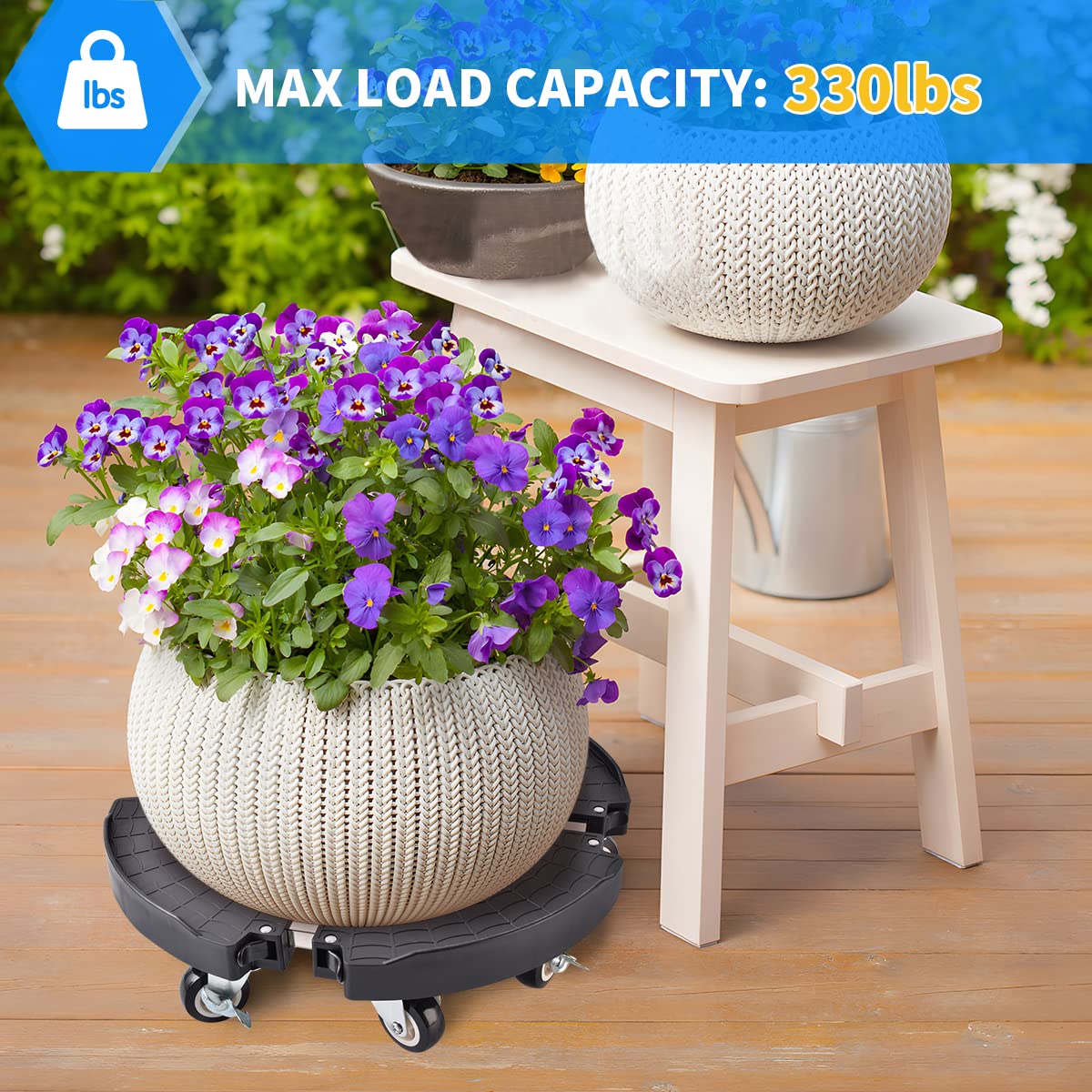 Round plant trolley with 8 wheels, adjustable flower trolley 38-51cm, 150kg carrying capacity. Plant dolly for large planters indoors and outdoors.