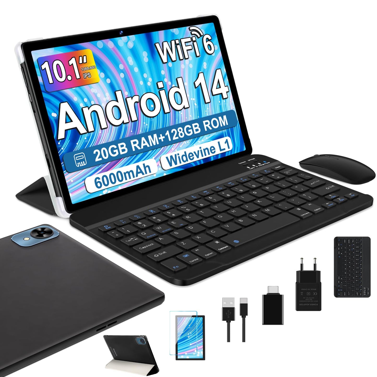 fezawio Android 14 Tablet 10 inch 20GB RAM+128GB ROM, Octa-Core Tablet WiFi 6, 6000mAh, (1TB TF) with Keyboard and Mouse-black