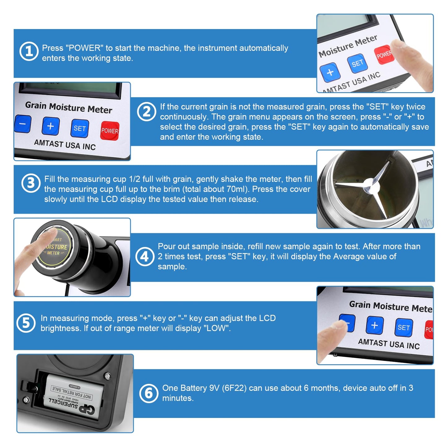 AMTAST Grain Moisture meters for 22 grains: wheat, corn, coffee, cocoa beans, flaxseed, soybeans, rice, almonds, peanuts, parchment coffee, sesame, sorghum, canola, barley.