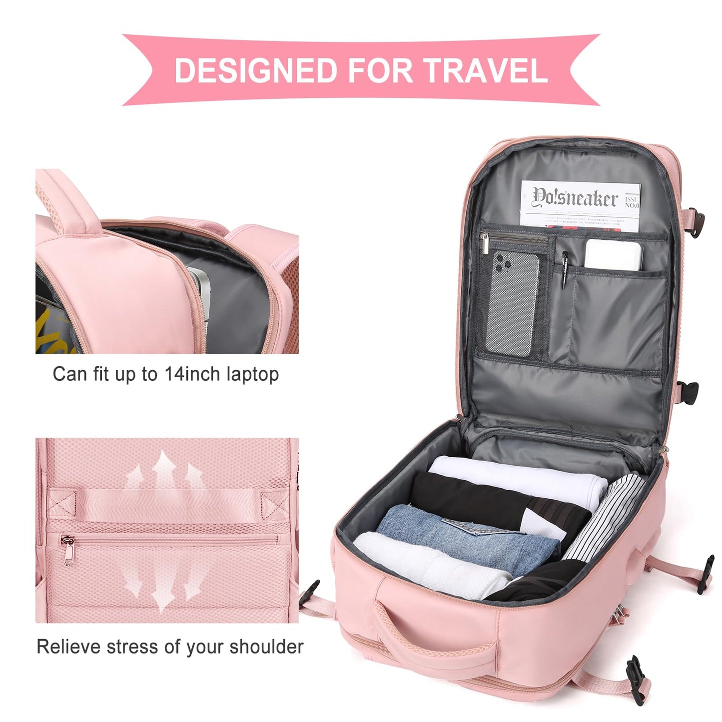 SZLX Ryanair carry-on backpack for women for airplane underseat cabin bag travel backpack carry-on airplane Easyjet backpack waterproof men with shoe compartment for 14-inch laptops, Pink.