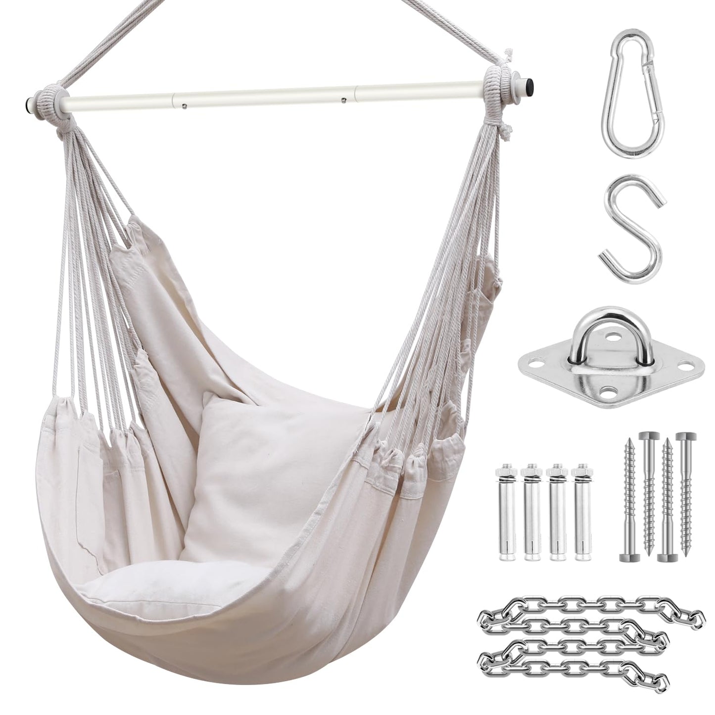 Ohuhu hanging chair with 2 pillows and ceiling hook kit, outdoor XL hanging chair up to 150 kg for adults & girls, hanging seat suspension for indoor/outdoor bedroom and garden (white rice)