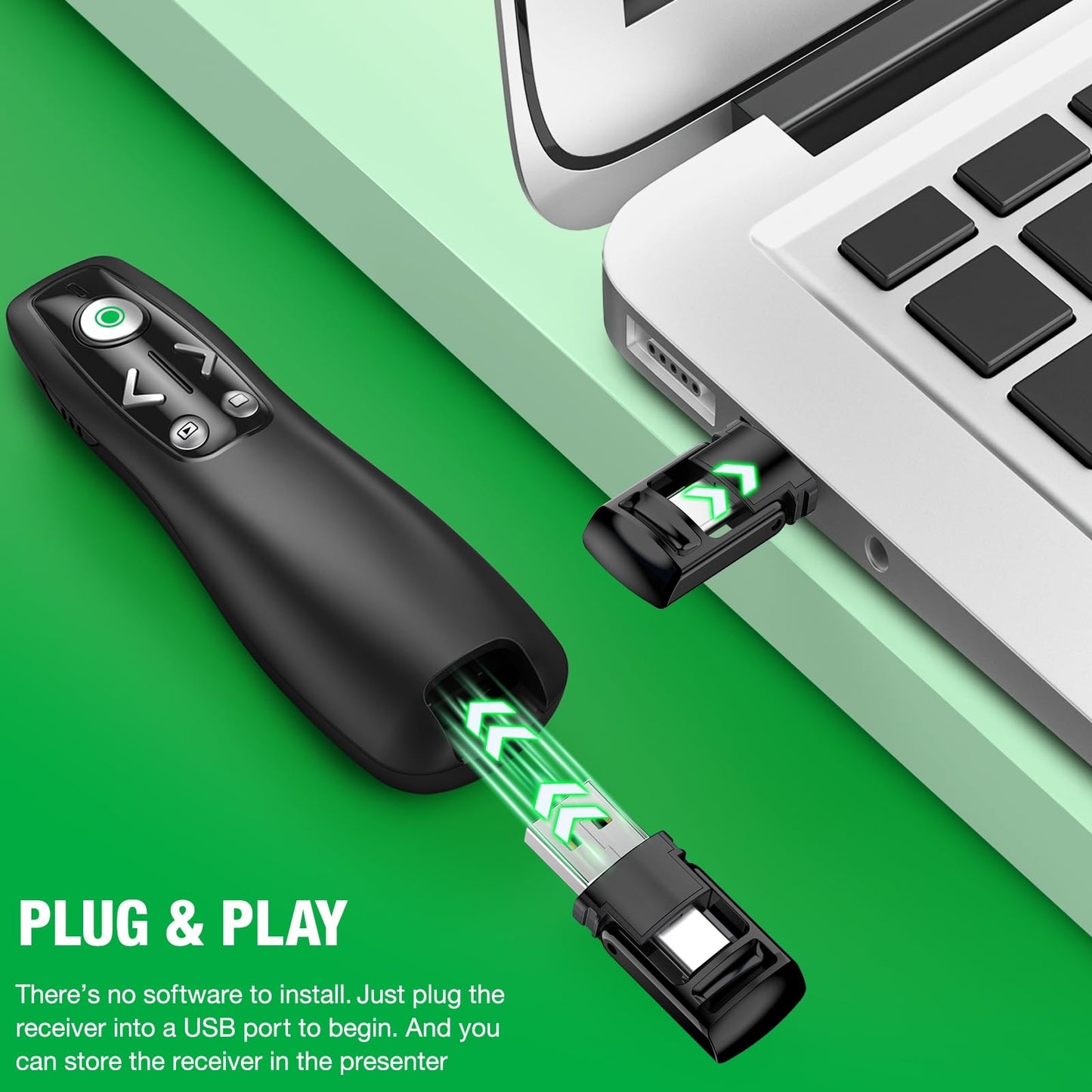 HELLCOOL Green USB C Presenter, 2.4 GHz Wireless PowerPoint Remote with USB C Receiver, Pointer for Presentations, Presentation Remote for Windows/Mac/PowerPoint/Keynote/Google Slides