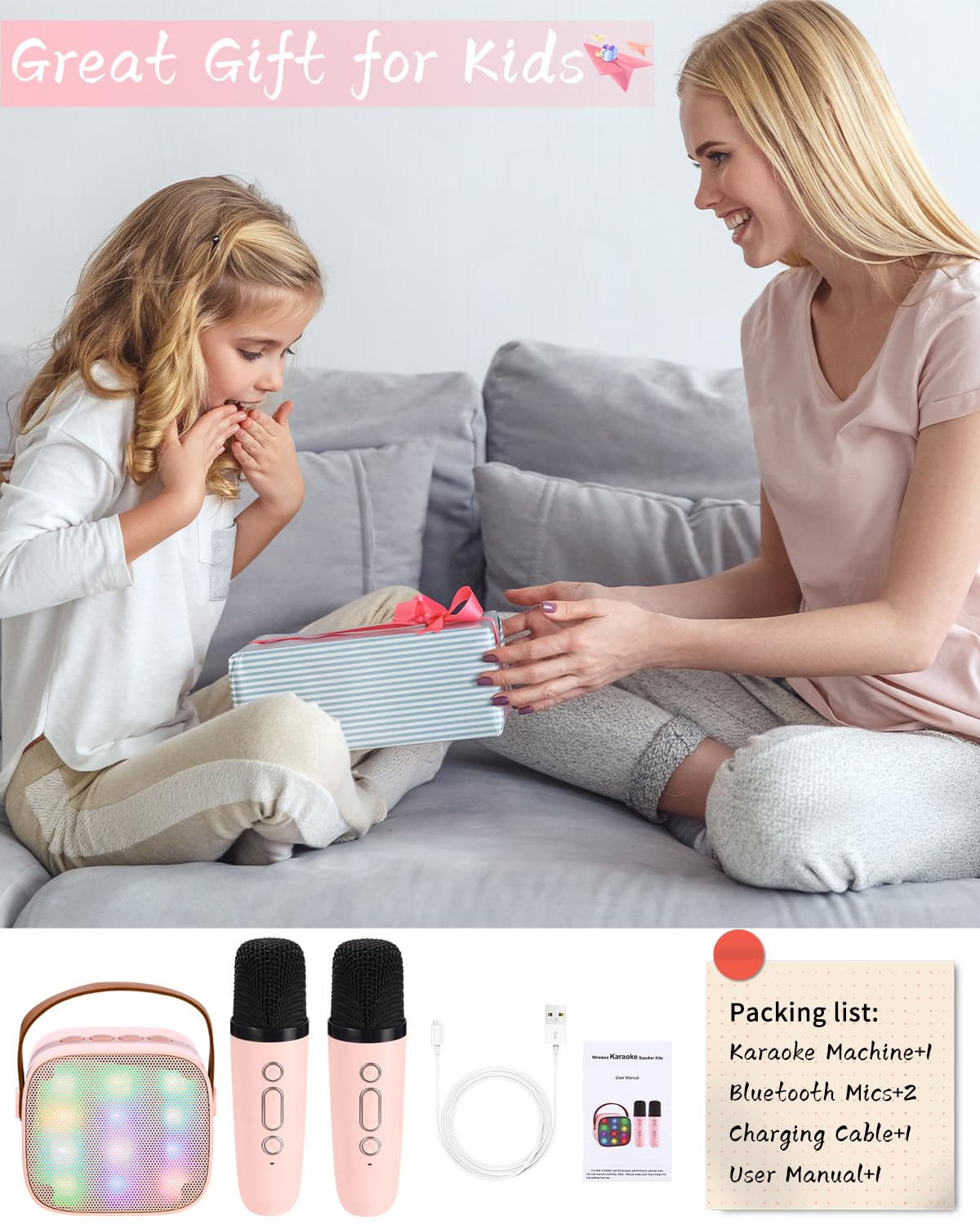 Karaoke machine with 2 wireless microphones, portable Bluetooth karaoke machine for kids adults with voice changing effects LED lights boys girls gifts home party (pink)
