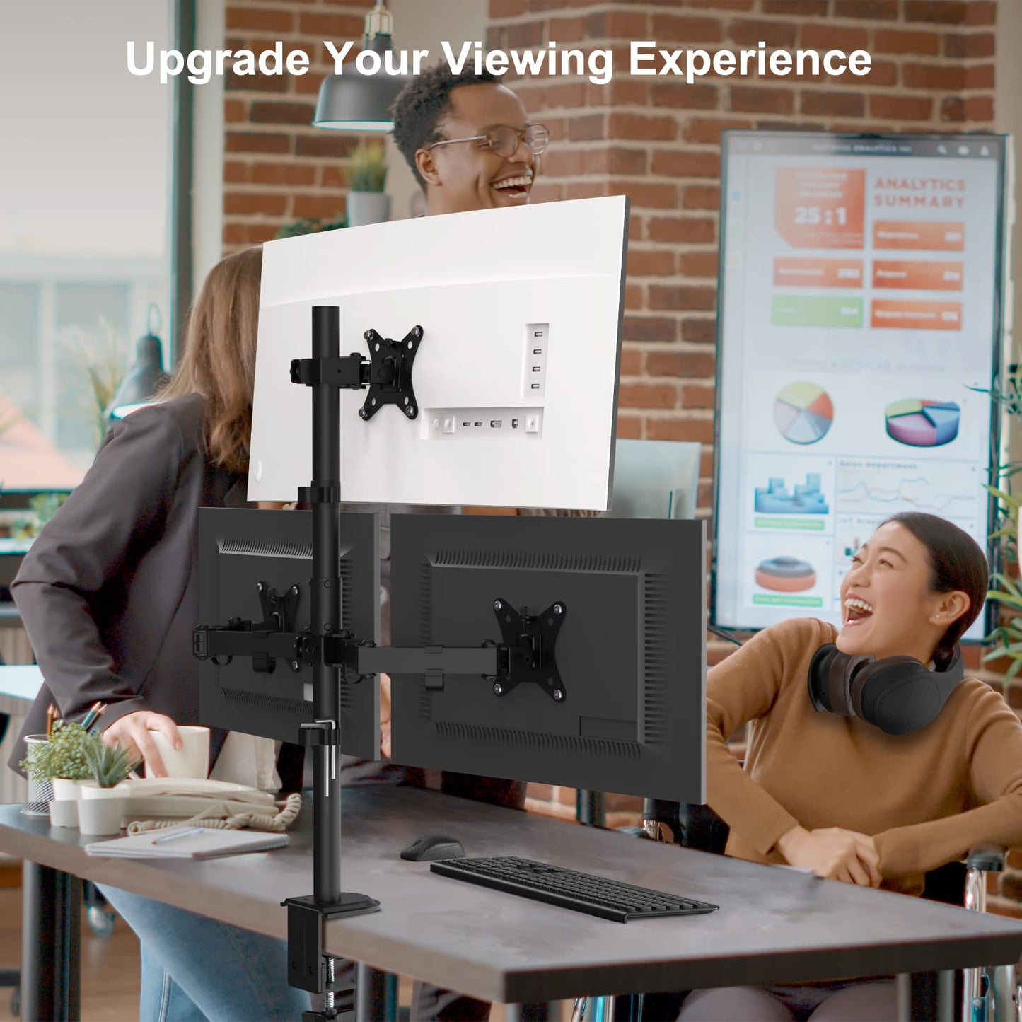 PUTORSEN Triple Monitor Mount for 13-32 inch Flat & Curved Screens, 80cm Pole Desk Mount Swivel Tilt Height Adjustable, 9kg per Arm, VESA 75x75/100x100, Black