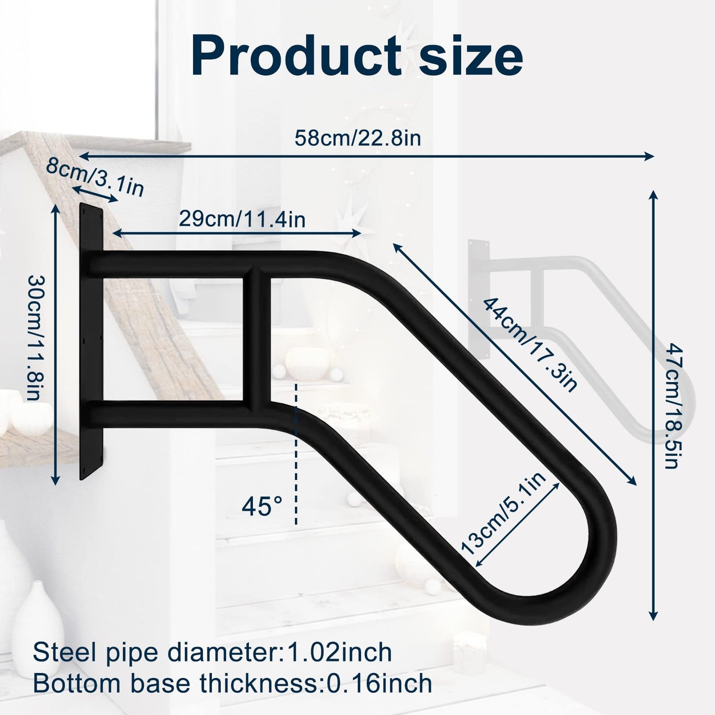 Handrails for outdoor stairs Kamanan Stair Handrail for Outdoor Heavy Stair Handrails Non-slip Bathroom 1-3 Steps Staircase Handrail for Elderly Children with Disabilities 58cm Long