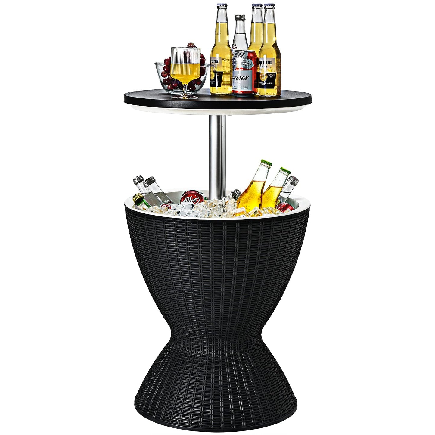 GIANTEX Cooler/ Side Table made of polyrattan, 30 L capacity Cool Stool in rattan look, cooler with lid & drainage hole, adjustable height garden table (Black)