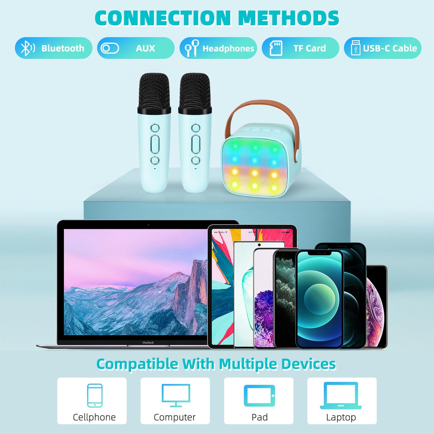 Karaoke machine for kids, mini karaoke system with 2 microphones, portable Bluetooth speaker with voice effects & LED lights, gifts toy for 3-12 year old girls and boys.