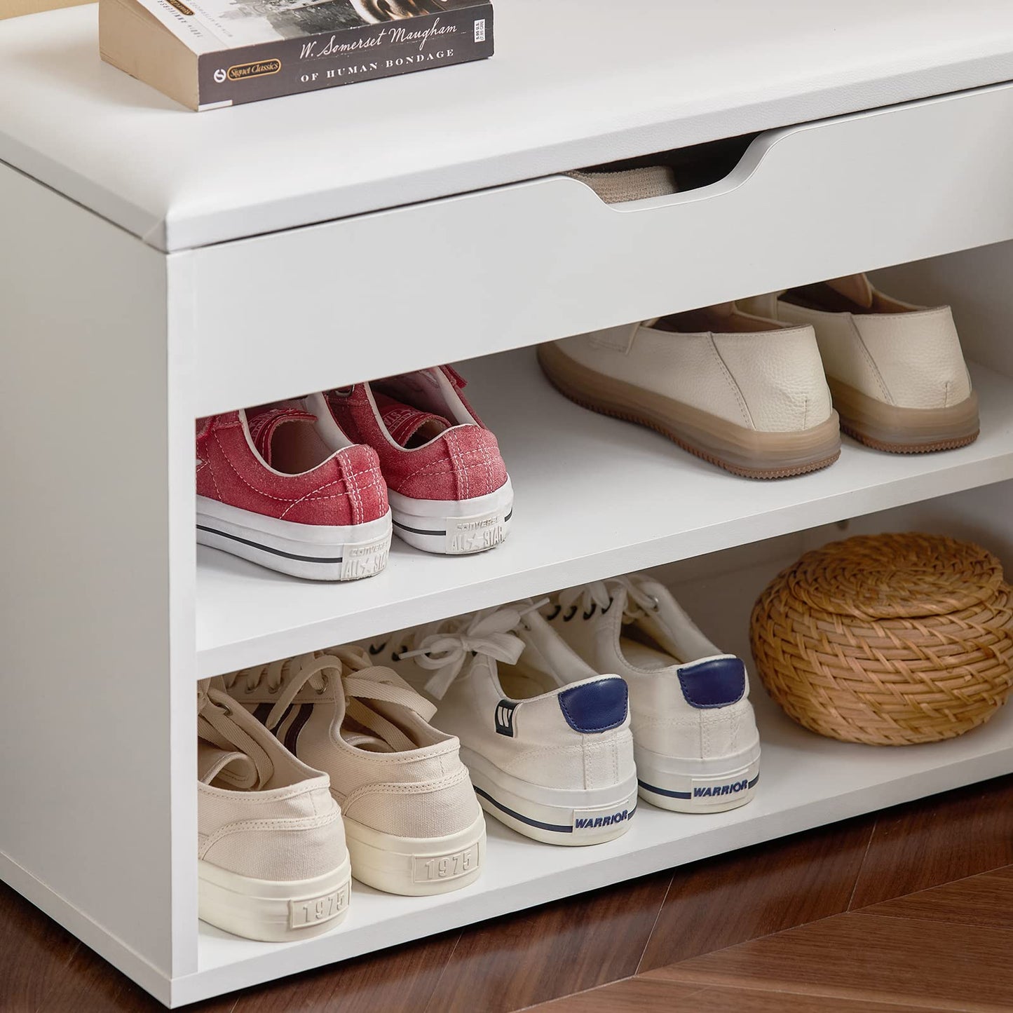 SoBuy Shoe Bench Shoe Rack with Seat and Storage Space, sturdy shoe box for hallway living room, space-saving, up to 120 kg load capacity, white 60x30x44 cm FSR25-W