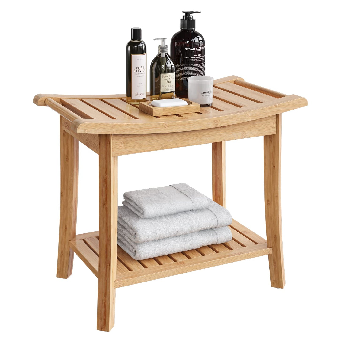 HOCSOK Bamboo Stool Bench Bathroom Shower Stool 2-Tier Water-resistant Non-slip Home Garden Balcony 60 x 33 x 46 cm Bathroom Furniture Natural with Soap Dish