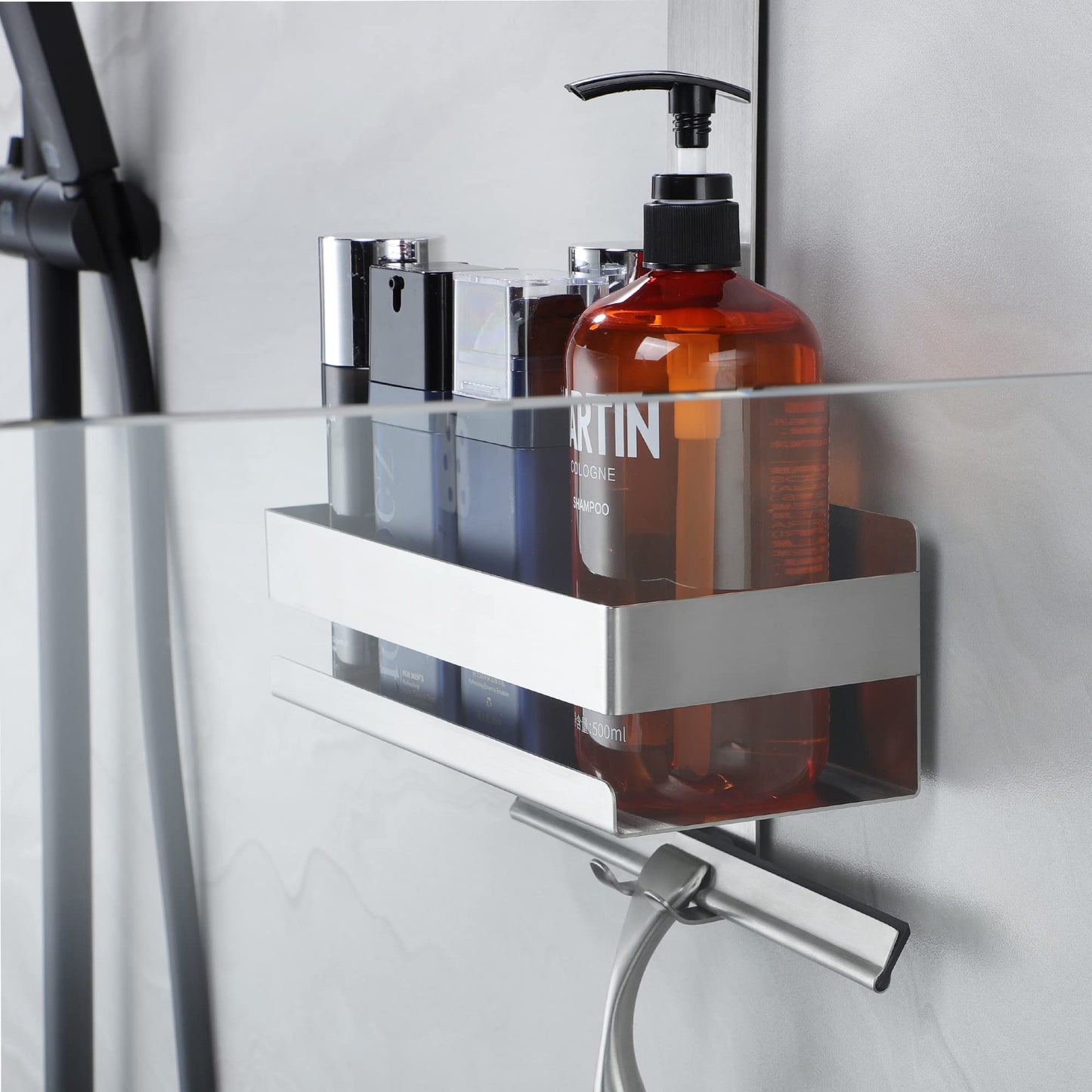 Cooeco hanging shower caddy - stainless steel shower basket for hanging on glass shower screen without drilling. Shower shelf shampoo holder with hooks for frameless glass door shower wall. No drilling required.