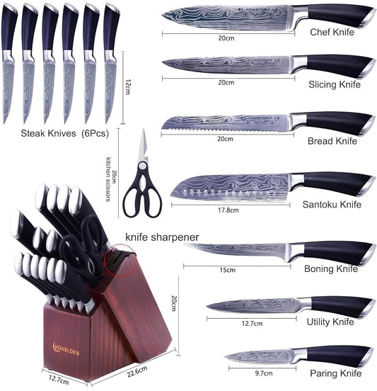 HOABLORN 15-piece Professional Knife Set with Knife Block, Sharp Stainless Steel Chef's Knives, Kitchen Utensil Set for Housewarming Wedding Gift