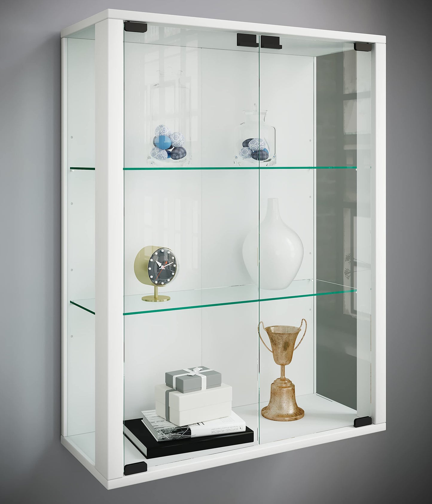 VCM wall display case glass cabinet shelf unit hanging showcase without lighting White "Udina"