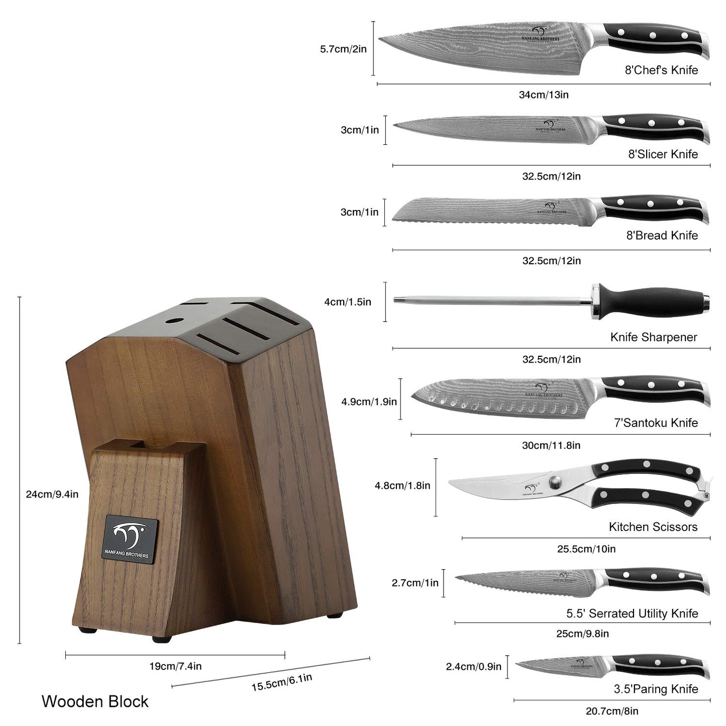 9-piece kitchen knife set sharpening for chef knife set with block, Damascus professional knife stainless steel steak knives with wooden handle kitchen knife sharpener and scissors by NanFang Brothers