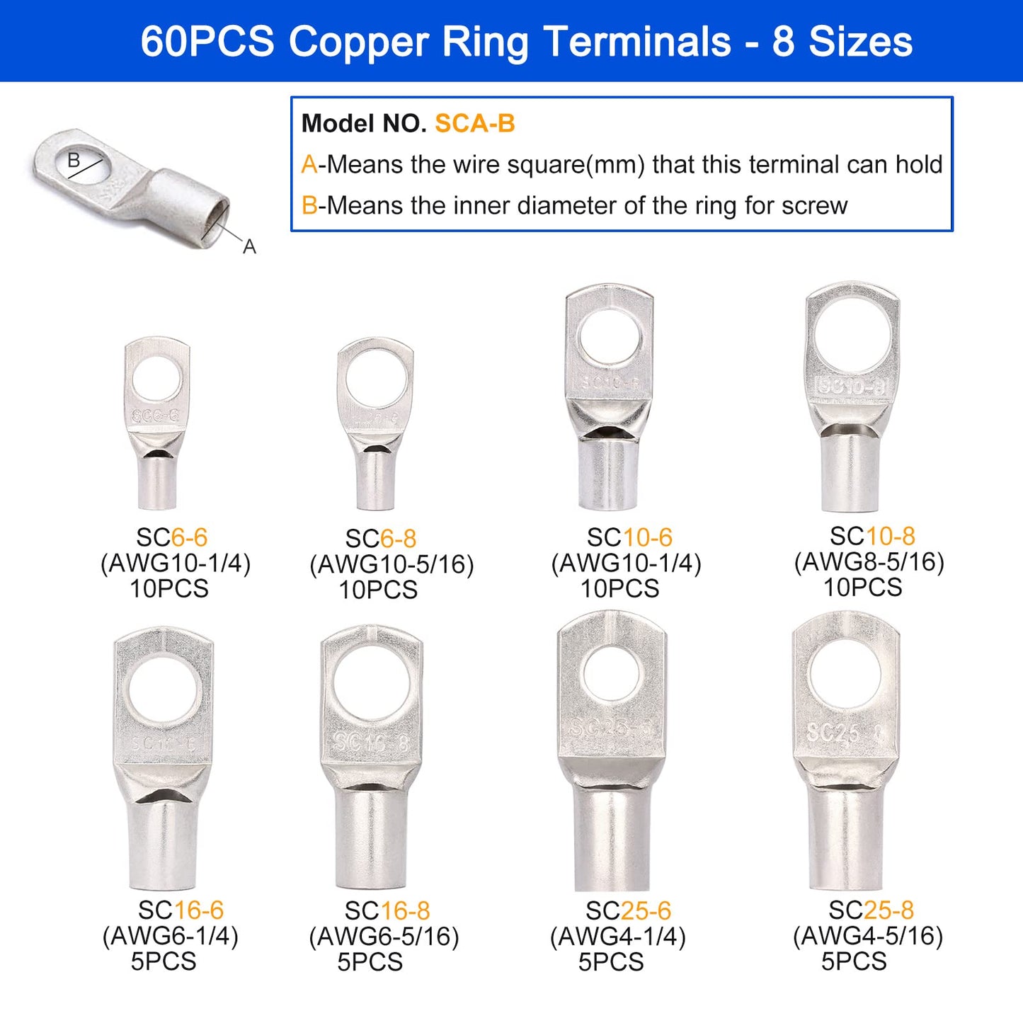 Brileine Battery Cable Lug Crimping Tool Large 10-1/0 AWG with 8 Sizes 60 Pieces Copper Ring Terminals - Crimping Tool Battery Cable Set