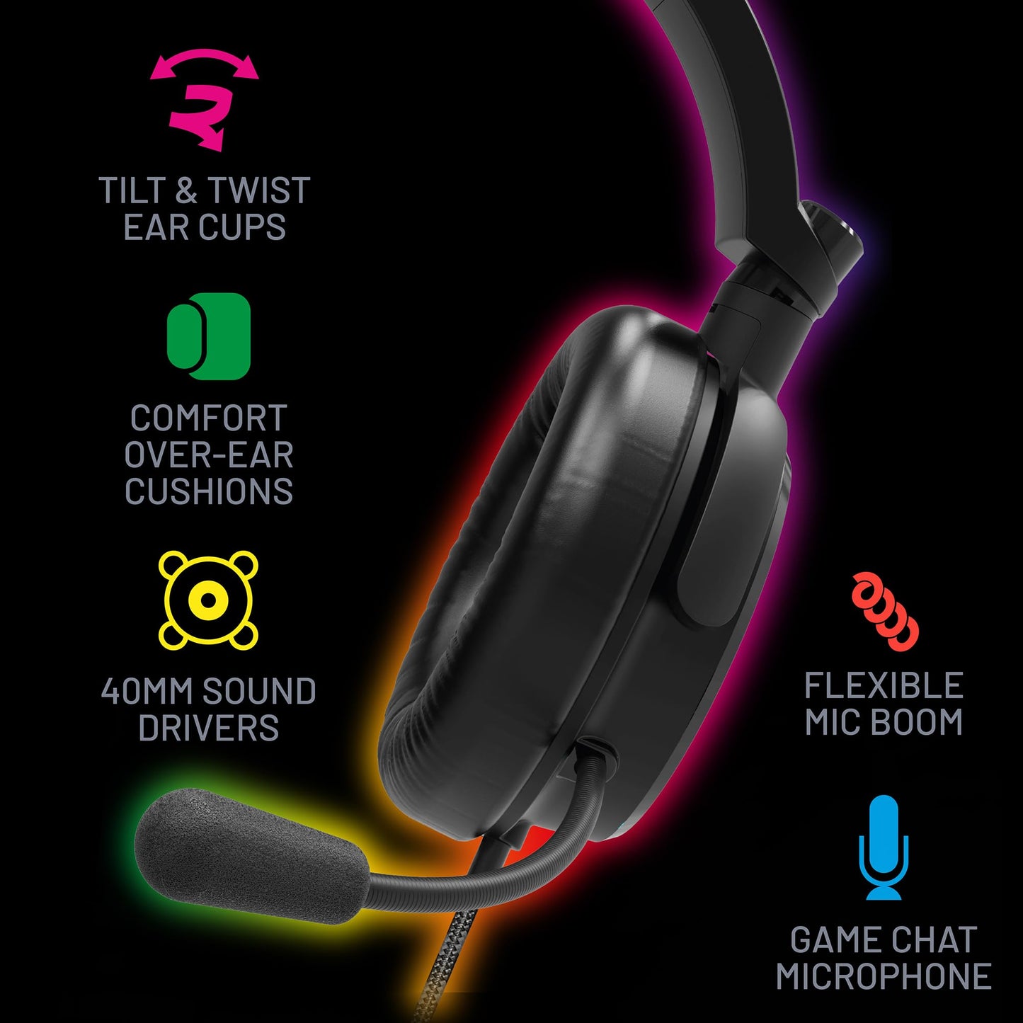 Stealth C6-100 LED Over Ear Gaming Headset for PS4/PS5, Xbox, Nintendo Switch, PC. Features flexible microphone, 3.5mm jack, 1.5m cable, lightweight, comfortable and durable.