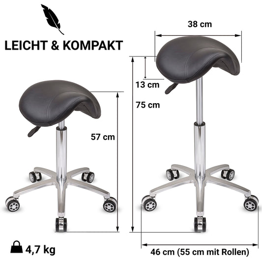 Staboos Rolling Stool up to 160 kg - Saddle Seat with Gel Cushion - Practice Stool with Wheels - Height-Adjustable Swivel Stool (55 cm to 75 cm) Saddle Stool