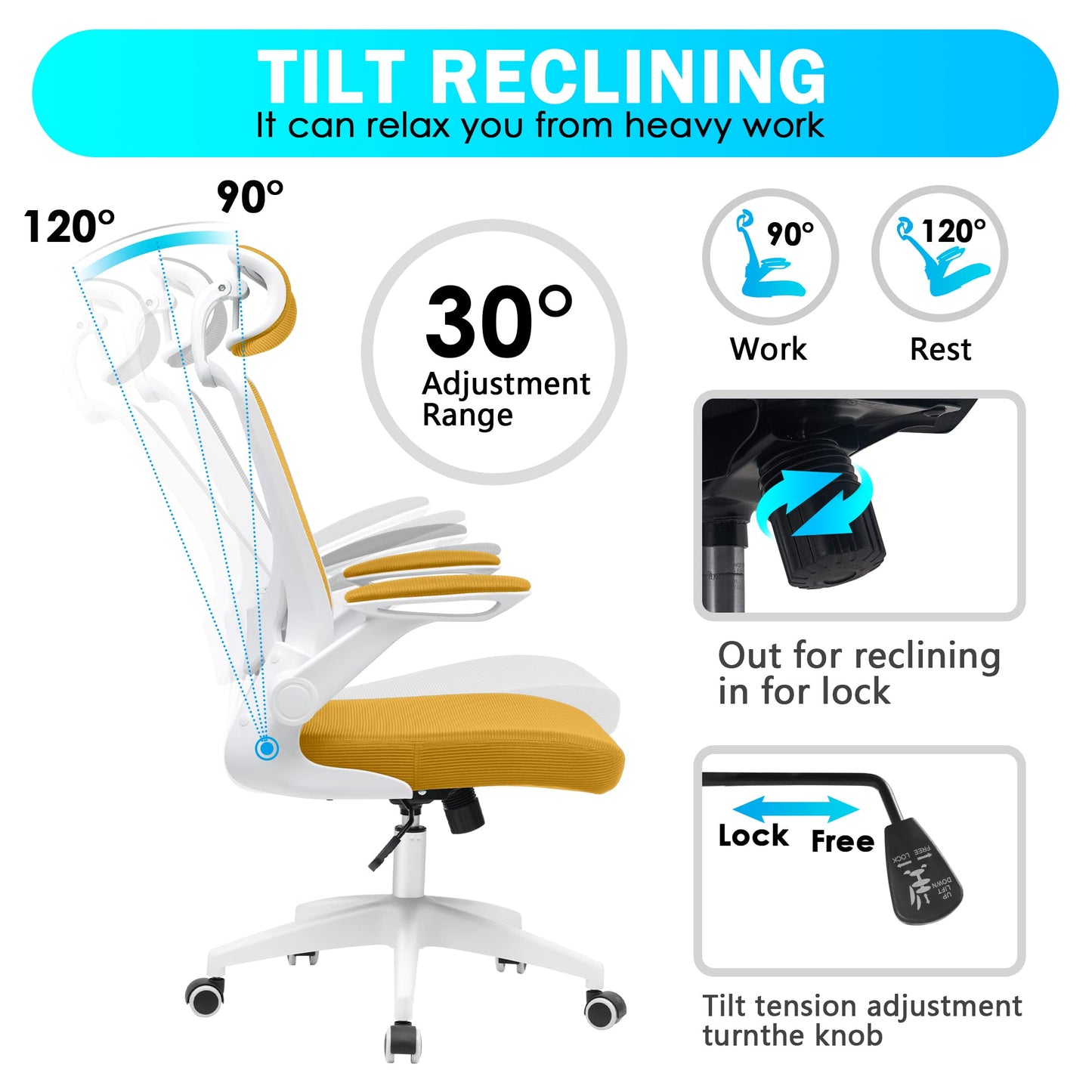 KERDOM Office Chair Ergonomic, Breathable Desk Chair with Adjustable Headrest, Armrests, Swivel function up to 135°, Executive Chair made of Mesh.