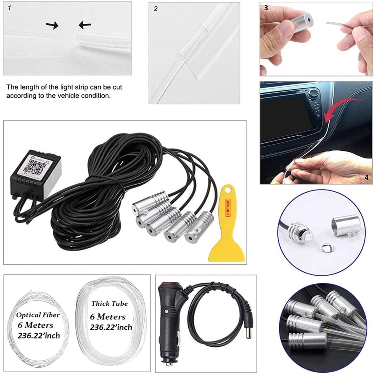 LED interior car lighting, 6M/5 in 1 RGB car interior lighting, 12V LED atmosphere light car, App controllable interior lighting, car LED strips.