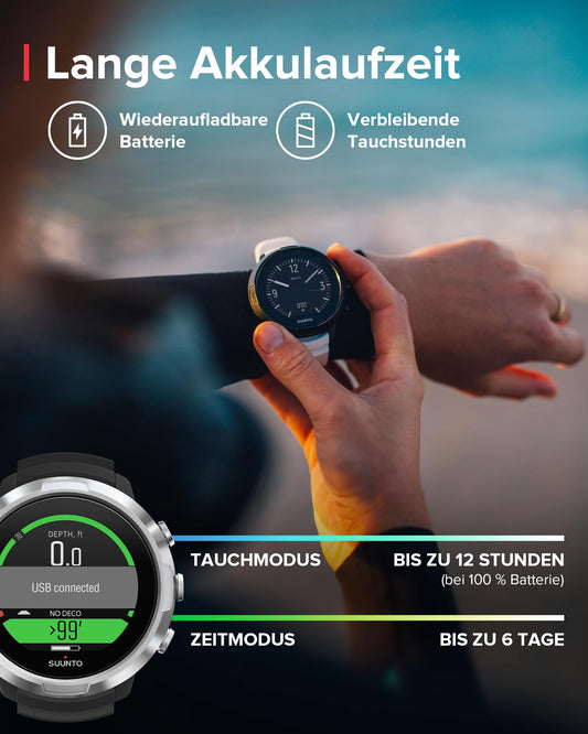 SUUNTO D5 dive computer with color display, 100m water resistant, alarm function, stopwatch, weather information, compass, and up to 12 hours battery life in dive mode