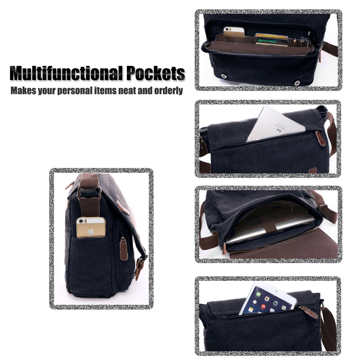 LOSMILE Shoulder bag for men, 16-inch messenger bag made of canvas, suitable for work and school. (Black)