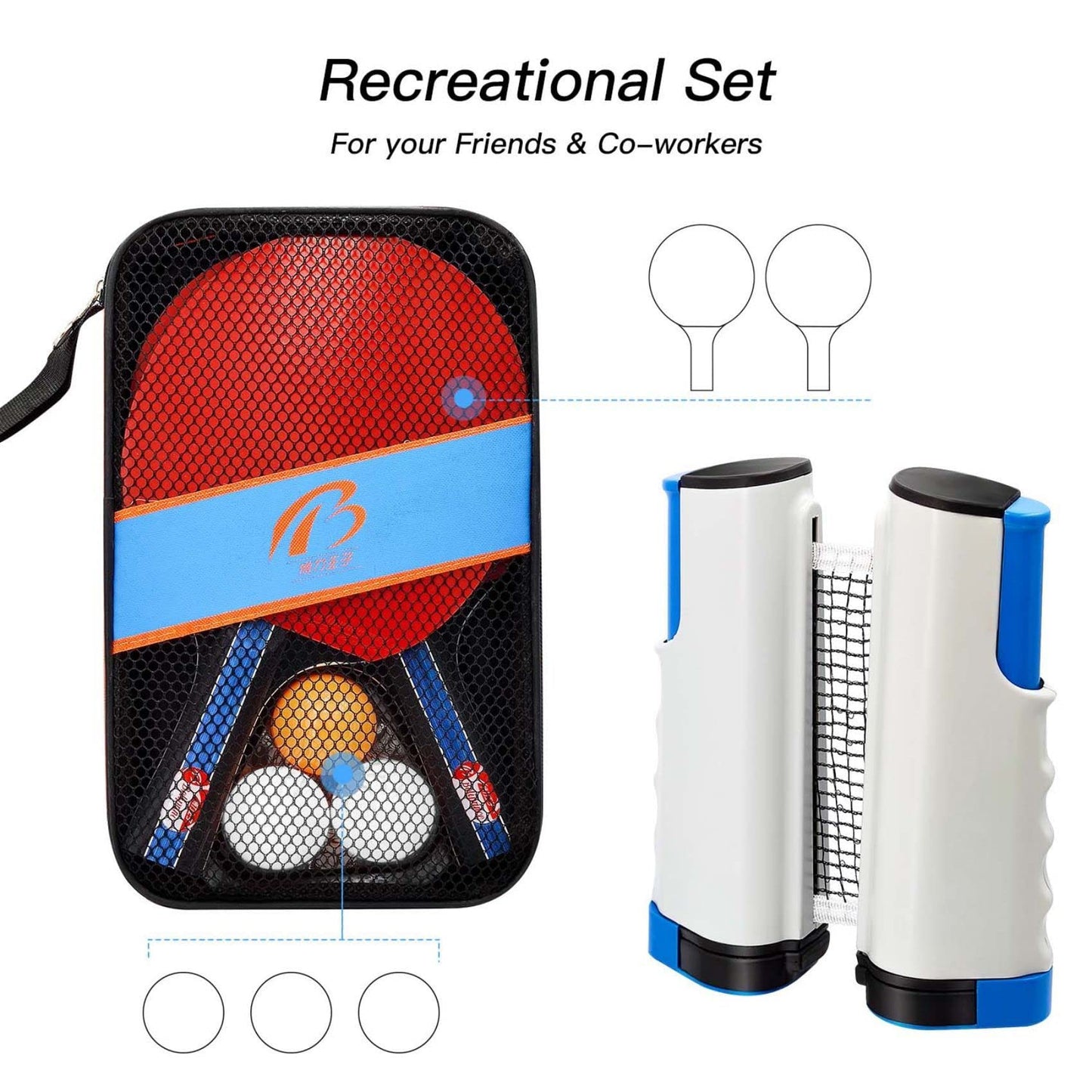 Baozun Table Tennis Racket Set, Table Tennis Set with 2 rackets, 3 balls, Extendable table tennis net, and bag.