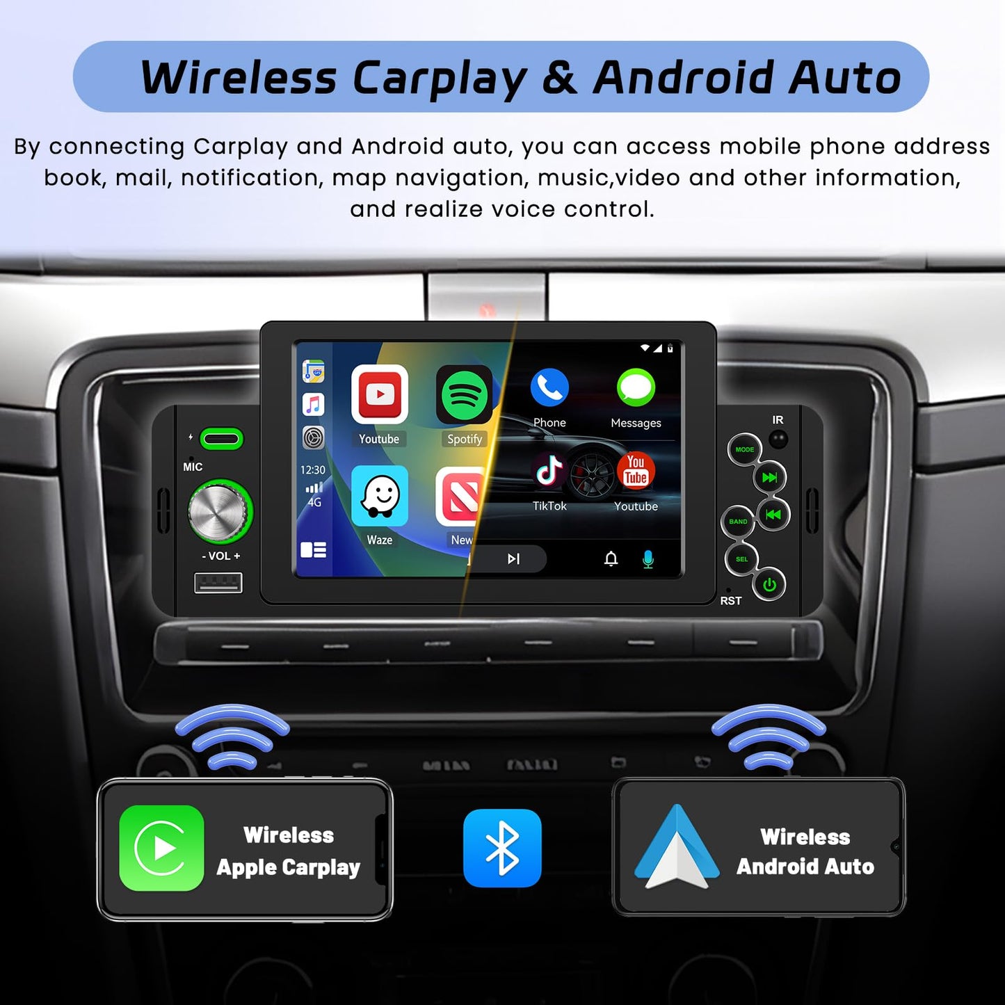 Hikity 1-Din car stereo, CarPlay Android Auto Wireless, 5" touchscreen radio, Bluetooth with reverse camera, FM radio, EQ, SWC, USB Type-C, Mirror Link.