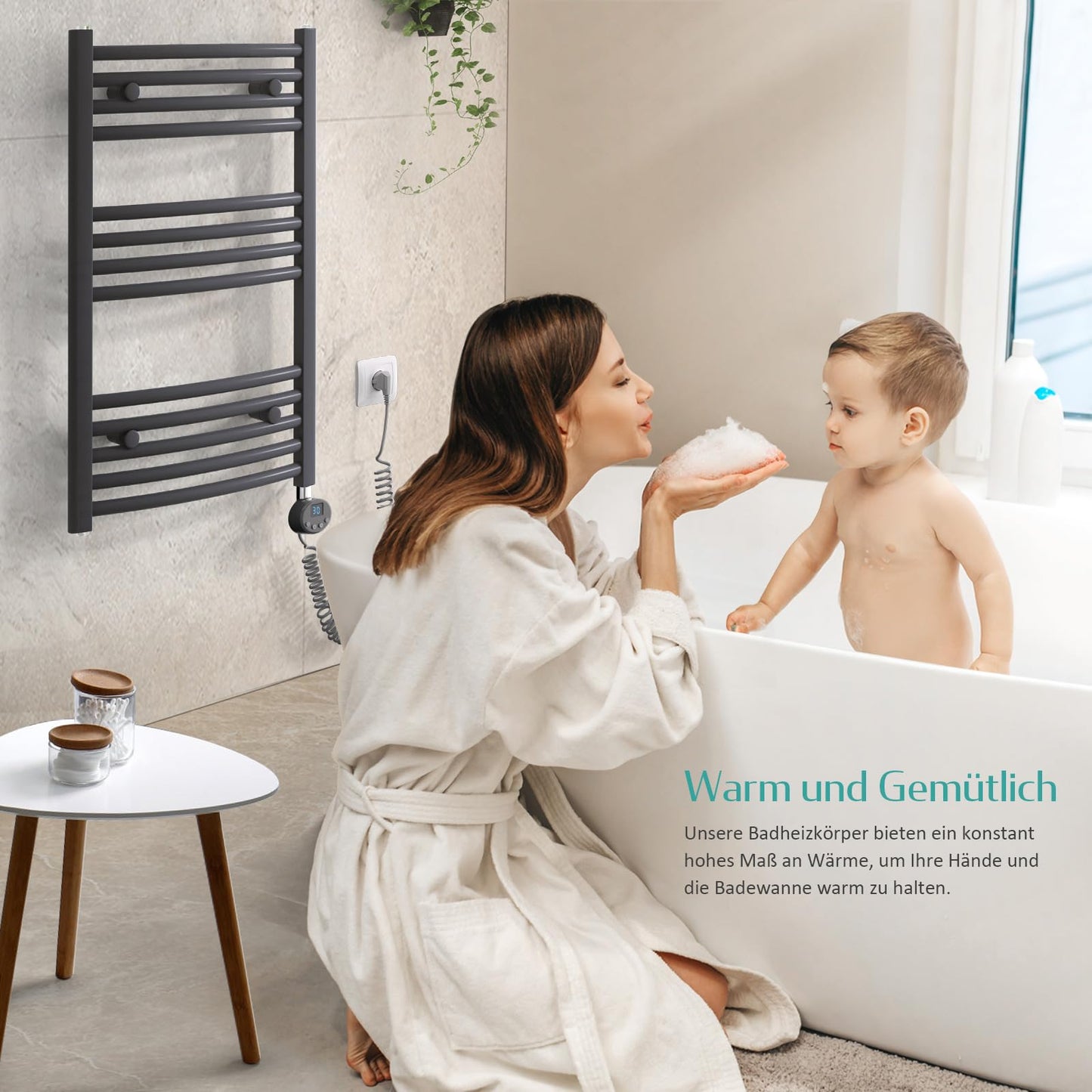 EMKE Electric Towel Warmer 120x60 cm, Curved Electric Bath Heater with Thermostat, Towel Dryer Towel Warmer with Timer Anthracite 600 Watt
