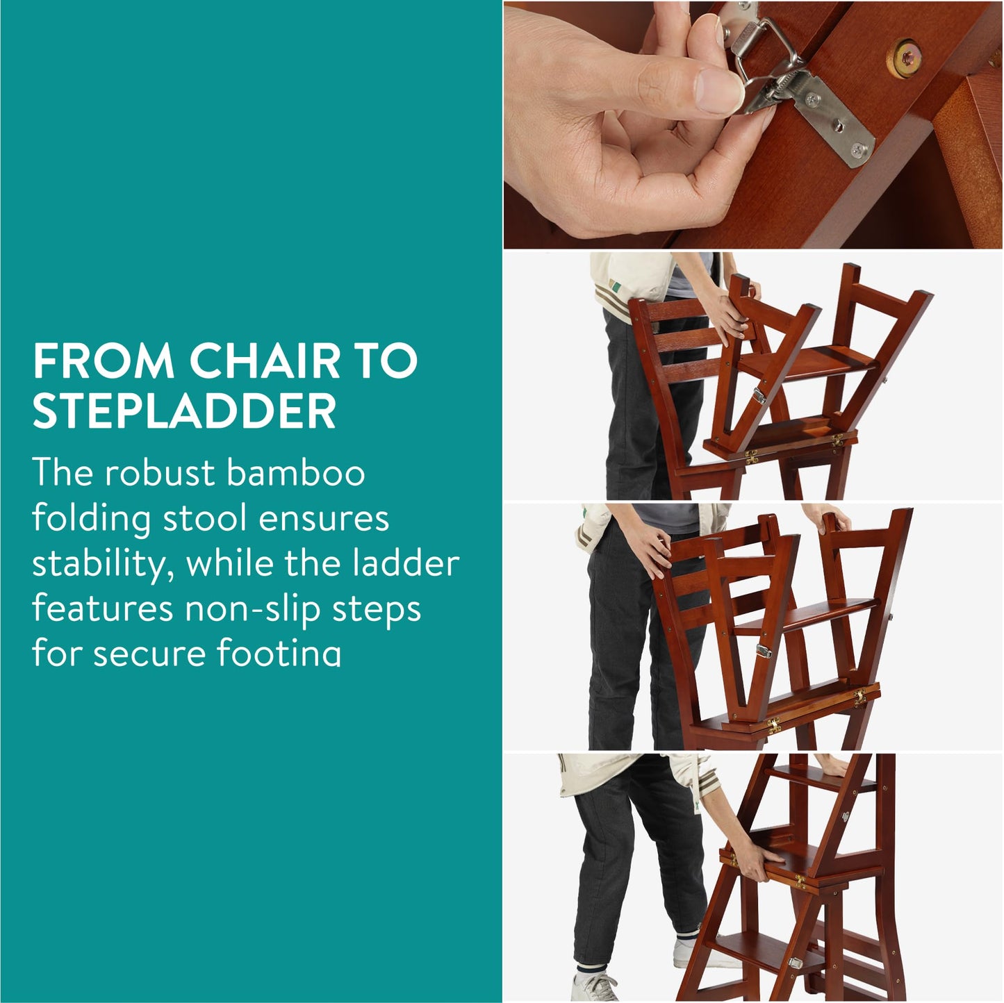 Navaris Folding Chair with Step Function - Chair 3-Step Ladder and Flower Stand in One - Bamboo Folding Chair Folding Step Stool - Kitchen Chair Foldable - Dark Brown
