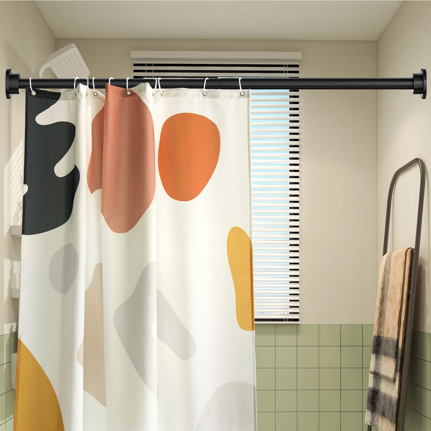 Onpira® telescopic shower curtain rod, adjustable without drilling - available in 5 lengths (40-240cm) & 3 colors - stainless steel telescopic rod for bathroom & shower, White or Black (95-150cm, Black)