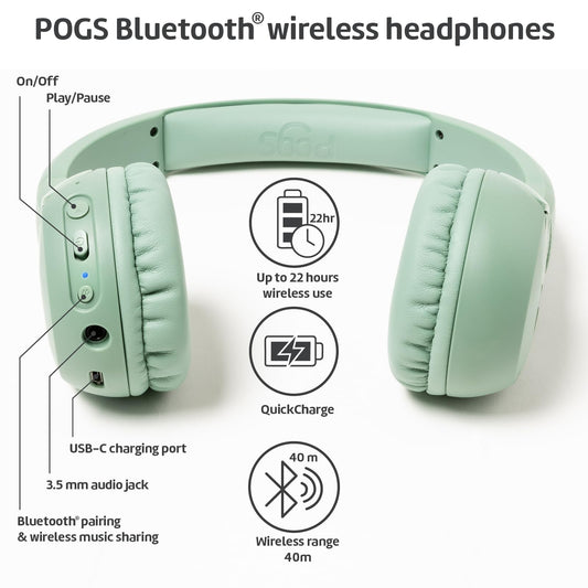 POGS Wireless Bluetooth Kids Headphones | The Gecko 2 | Foldable durable kids headphones for ages 3+ | Volume limit 70-85 dB | Microphone | On-ear | Wireless music sharing feature (Green)