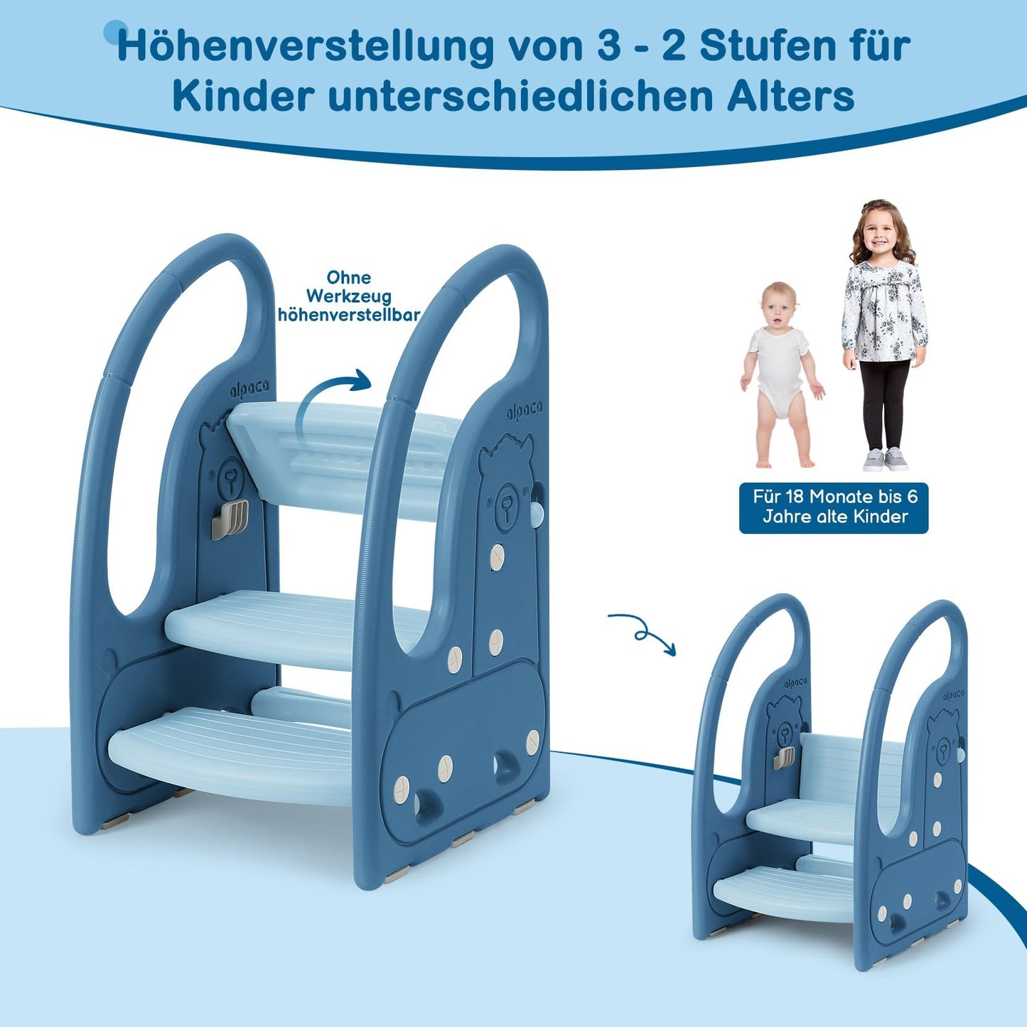 Onasti step stool for kids, Three-step height adjustable toddler stool for baby, Comfortable handrail, Multifunctional, Anti-slip, Suitable for approx. 1.5 to 6 years old - (Blue)