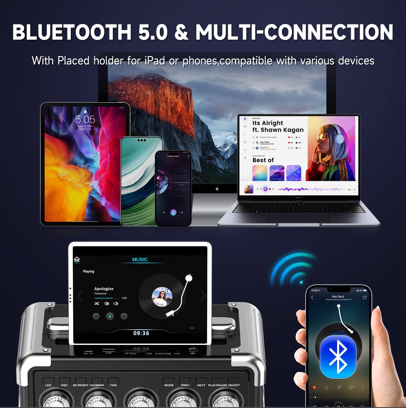 JYX Karaoke Machine with 2 wireless microphones, Portable karaoke system speaker with RGB light for house party. Supports TWS.
