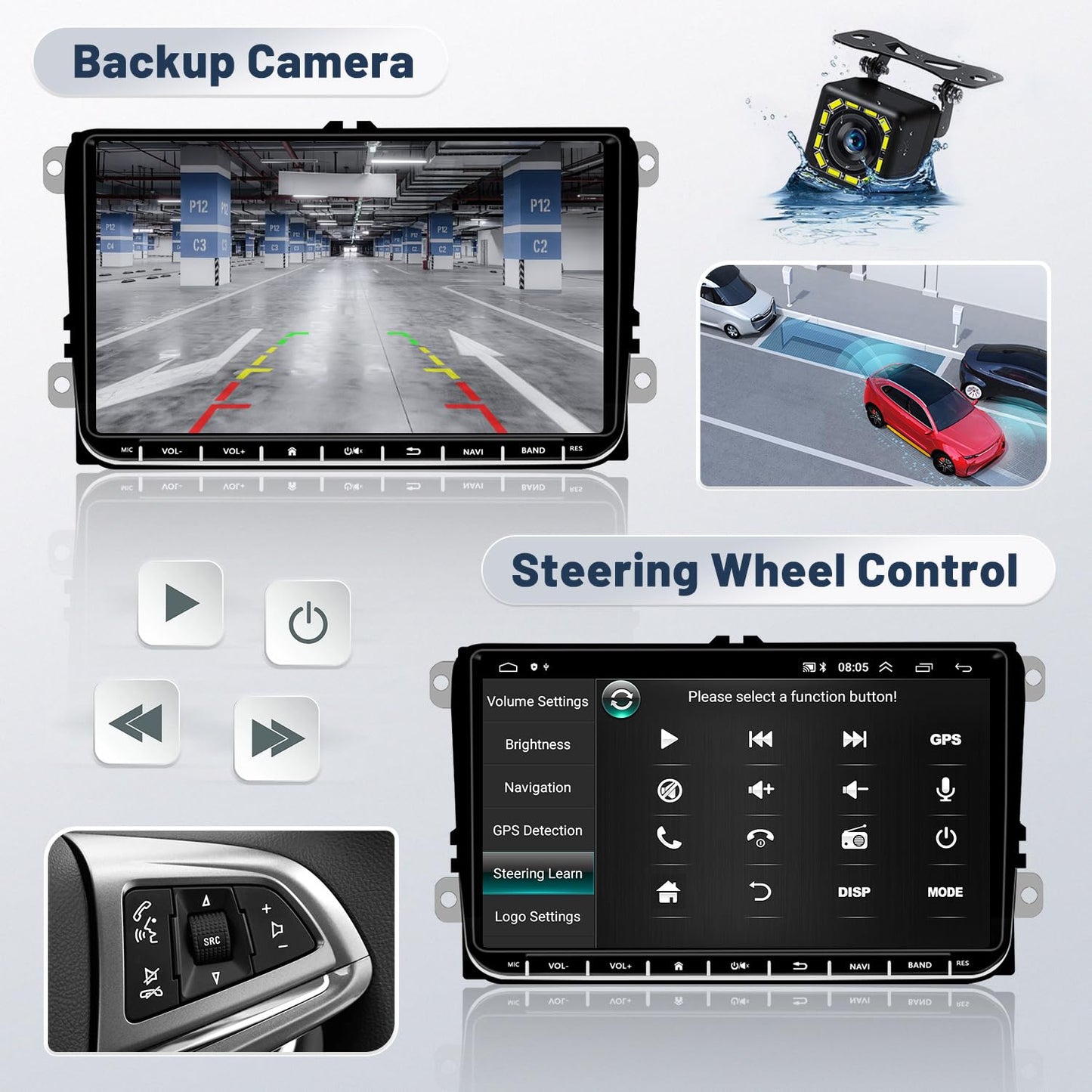 2+64G Android car radio for VW Golf 5 Golf 6 Skoda Passat B6 Passat B7. 9-inch touch display car stereo with GPS, WiFi, mirror link, Bluetooth, rearview camera, and microphone.