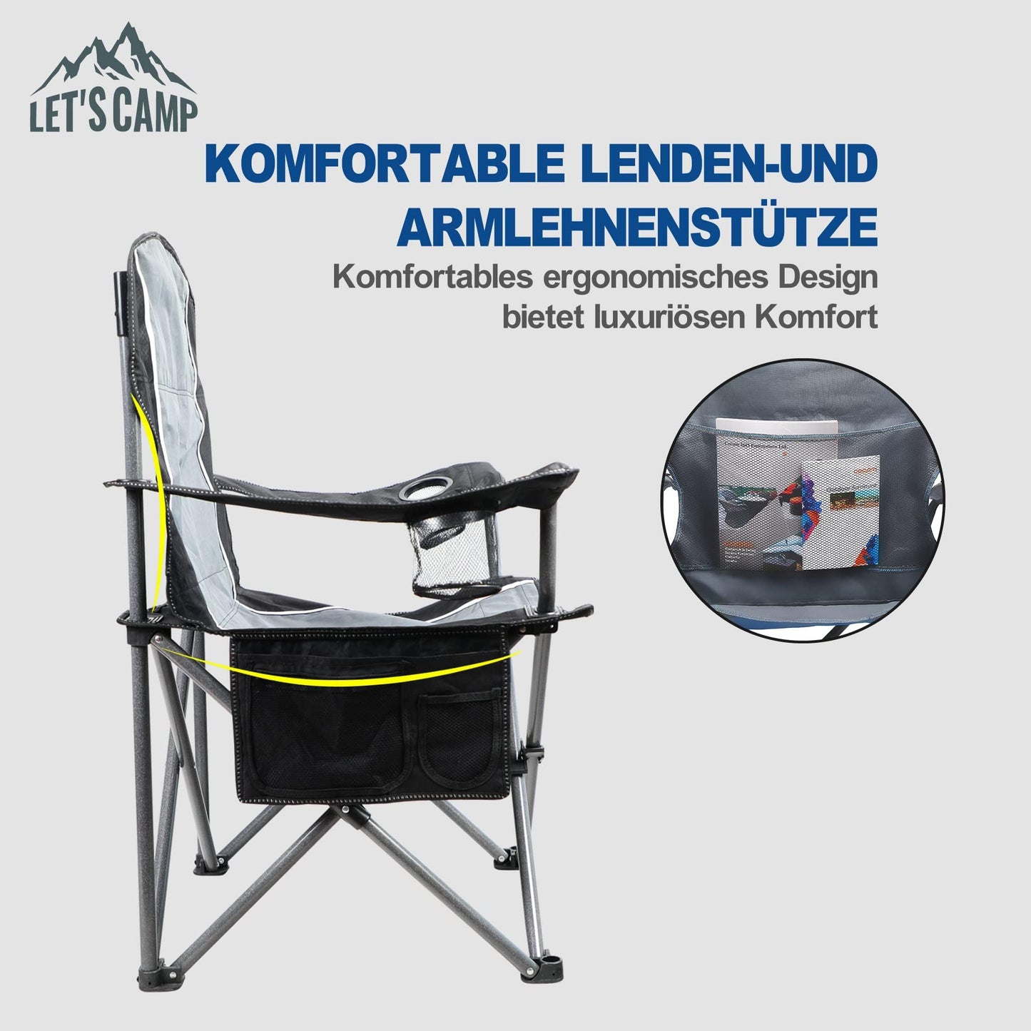 LET'S CAMP Camping Chair Folding Chair Portable Fishing Chair with Drink Holders Storage Pockets Carry Bag Steel Frame up to 160kg for Camping Travel