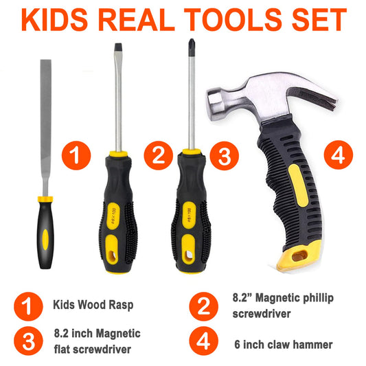 QeeHeng Real Tools for Kids - 20-piece construction tool set with blue toolbox and safety gear, woodworking tool set for beginners, educational gift