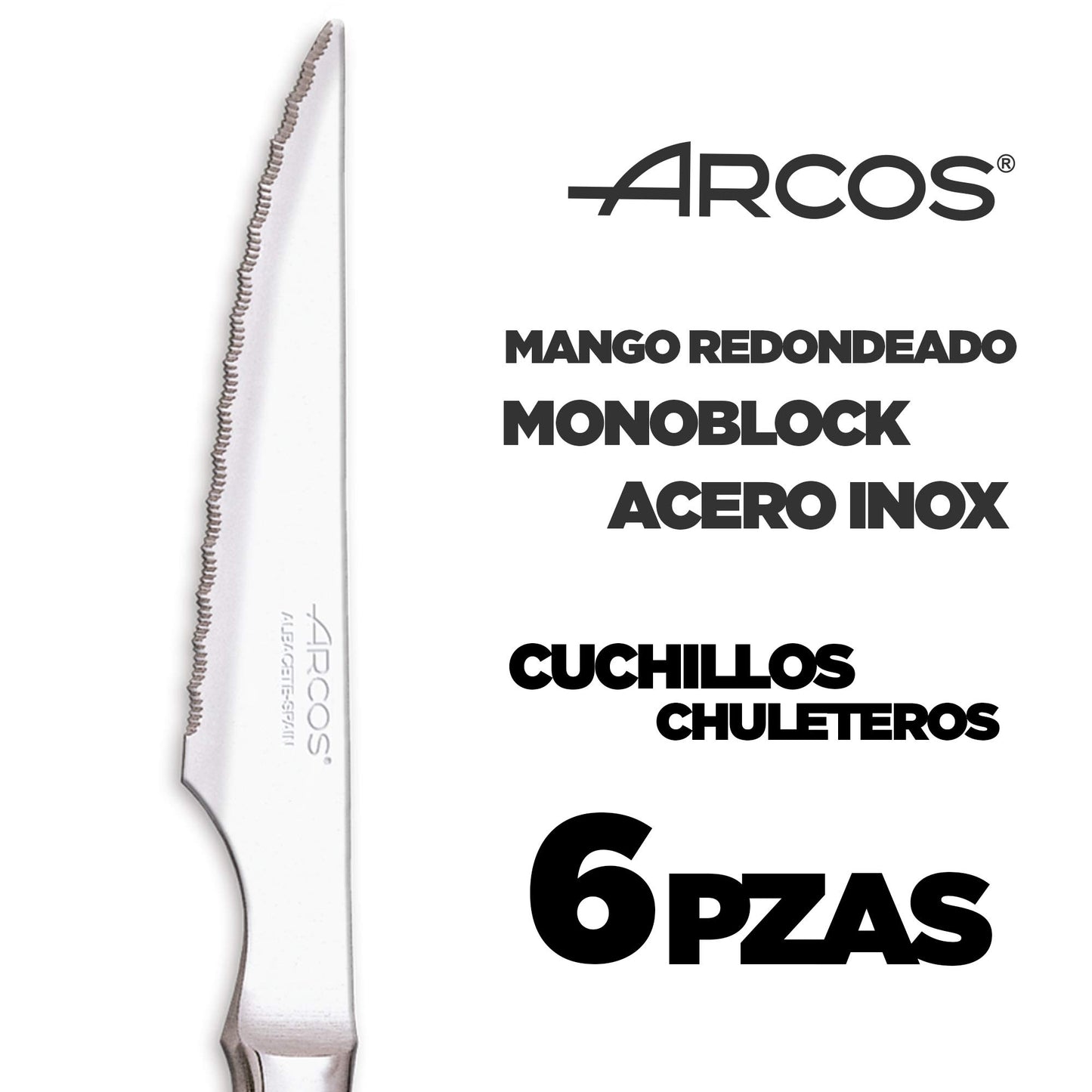 Arcos Meat Knife Set | 6 pieces | Steak knife Brand Arcos | Stainless steel cutlery | Blade 110 mm | Monoblock handle | Dishwasher safe | environmentally friendly packaging