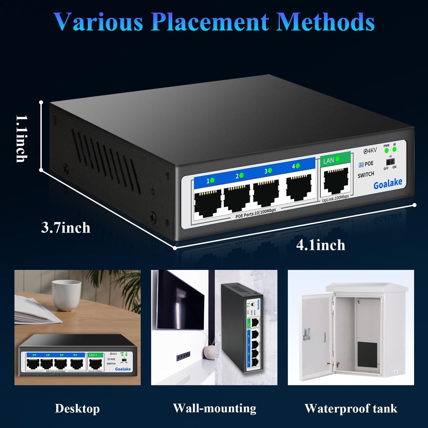 Goalake Unmanaged PoE+ Switch 5 Port (4×PoE+ 802.3af/at, 1×Uplink) – 52W total power, 100Mbps, AI Extended 250m – Ideal for IP cameras, Access Points – Desktop/Wall mount, Plug & Play.