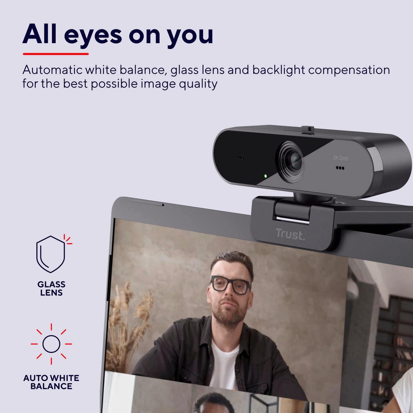 Trust Taxon 2K QHD Webcam made of 85% recycled plastic, 2560x1440p USB camera for PC with cover, autofocus, wide angle, 2 microphones, video camera for conferences, video calls, Skype, Teams, Zoom