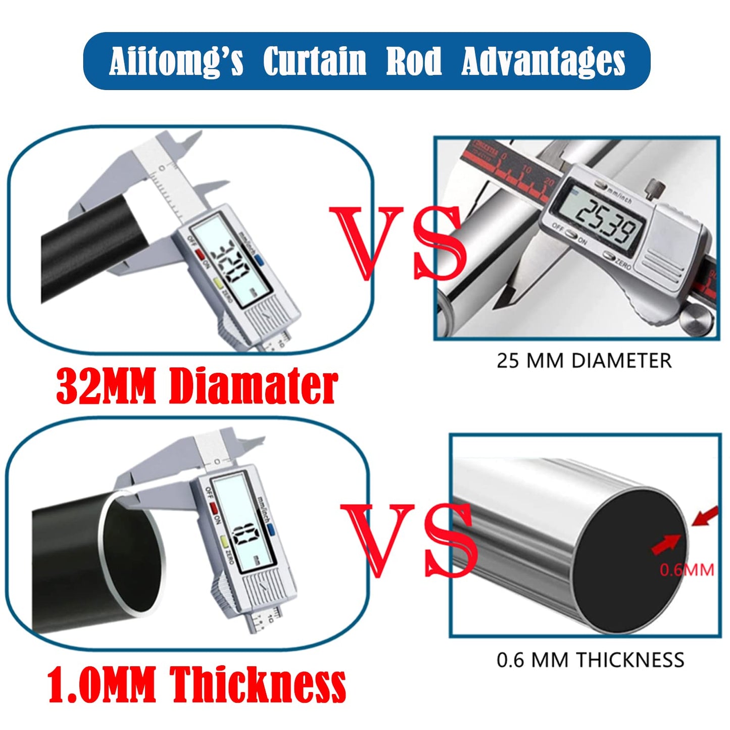 Aiitomg curtain rod 300 cm long shower rod without drilling adjustable telescopic rod curtain shower curtain rod for bathroom, bedroom white (255-310CM Φ32mm)