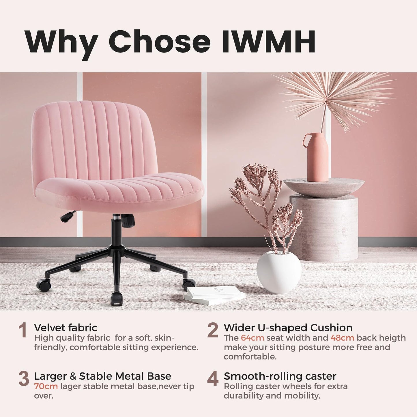 IWMH office chair without armrests, height adjustable swivel chair with wheels, desk chair with fabric upholstery, reading chair with wider cushion for sitting cross-legged (Pink with wheels).