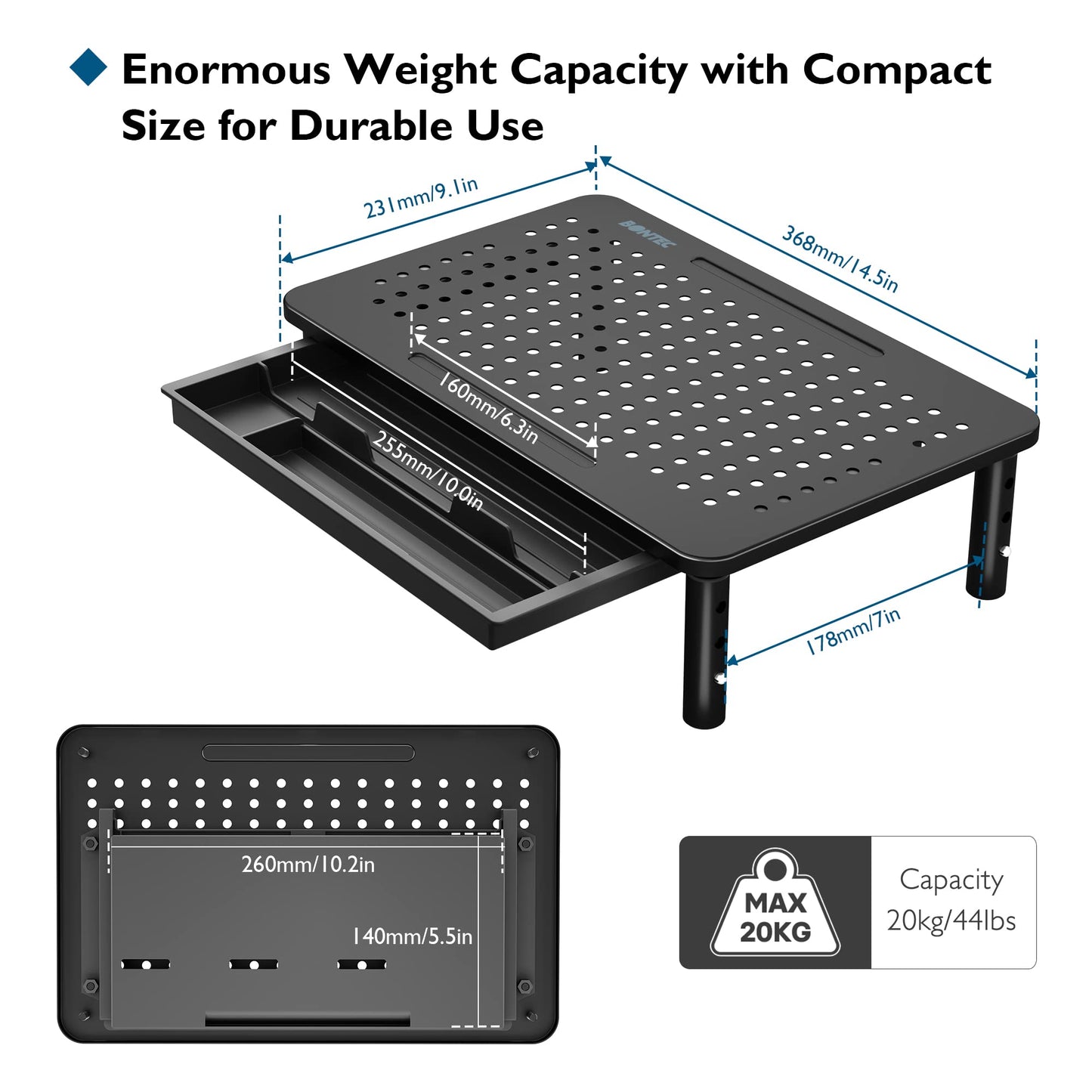 BONTEC Monitor Stand with Drawer, 3 Height Adjustable Monitor Riser for Desk with Mesh Platform for Monitor, Laptop, Computer, iMac, Printer up to 20 kg, Cable Ties Included