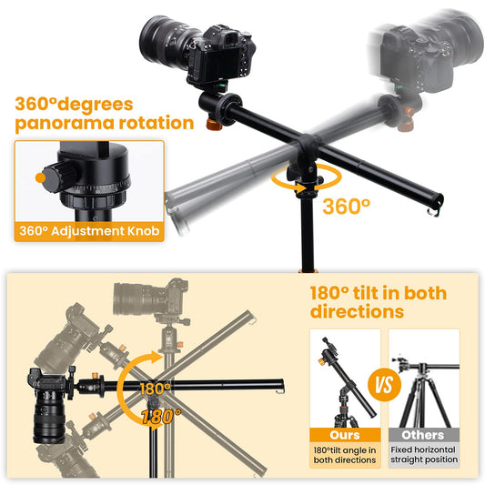TARION Camera Tripod with Transverse Center Column, Aluminum Travel Tripod with 360° Ball Head, Quick Release Plate, and Tripod Bag, Convertible to Monopod (Tripod+Boom Arm)